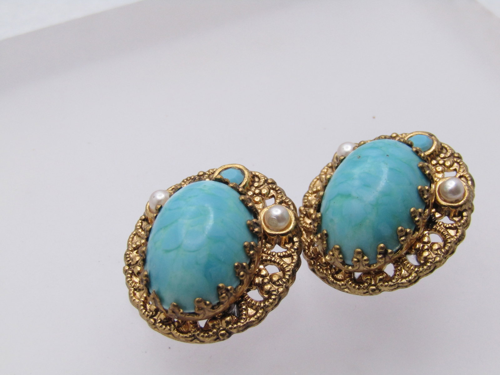 Vintage Faux Turquoise & Pearl Clip Earrings, W. Germany, 1950's-1960's - 5
