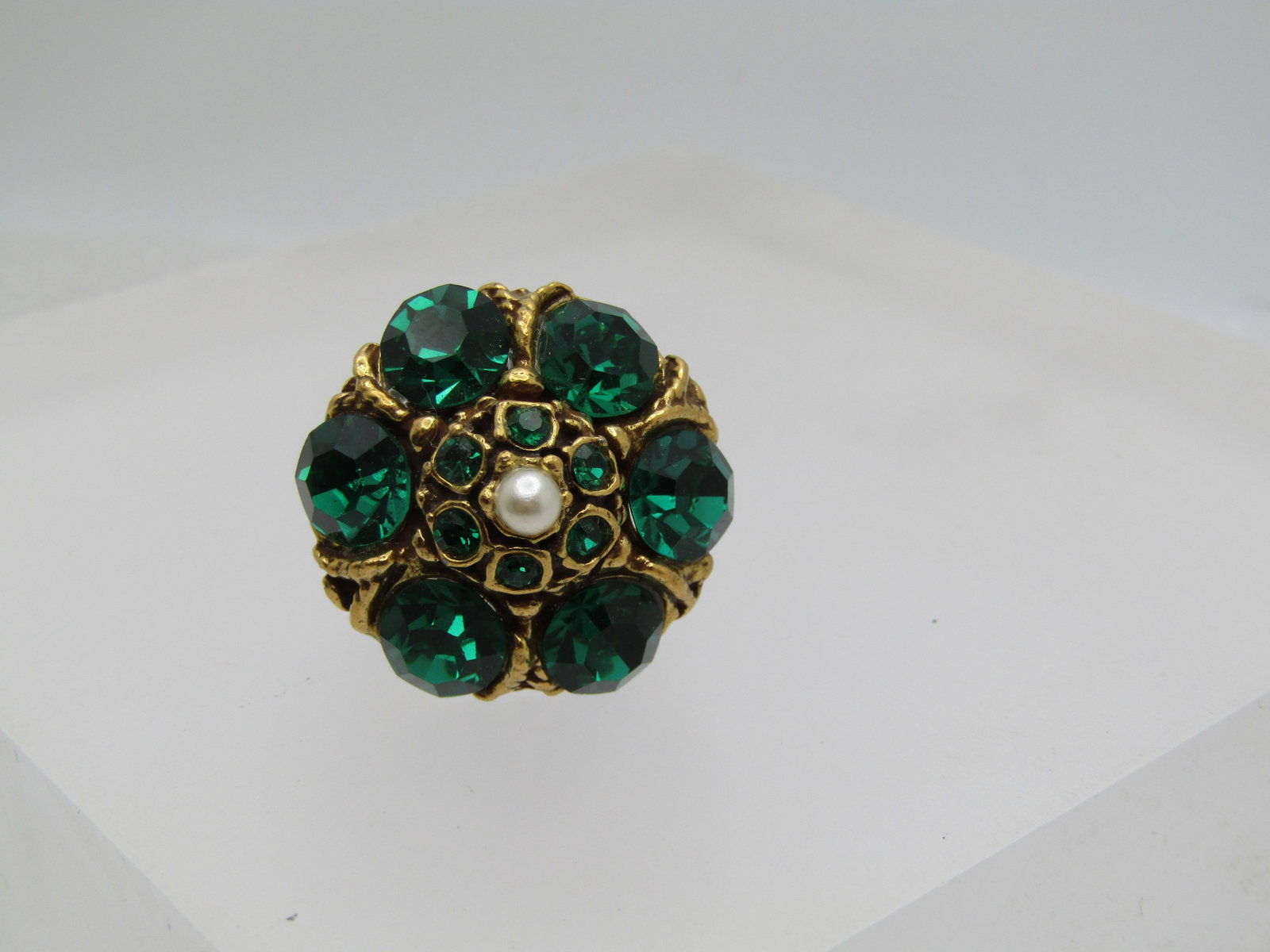 Vintage Faux Emerald Pearl Ring, Cocktail, Adjustable, 1970's-1980's - 2