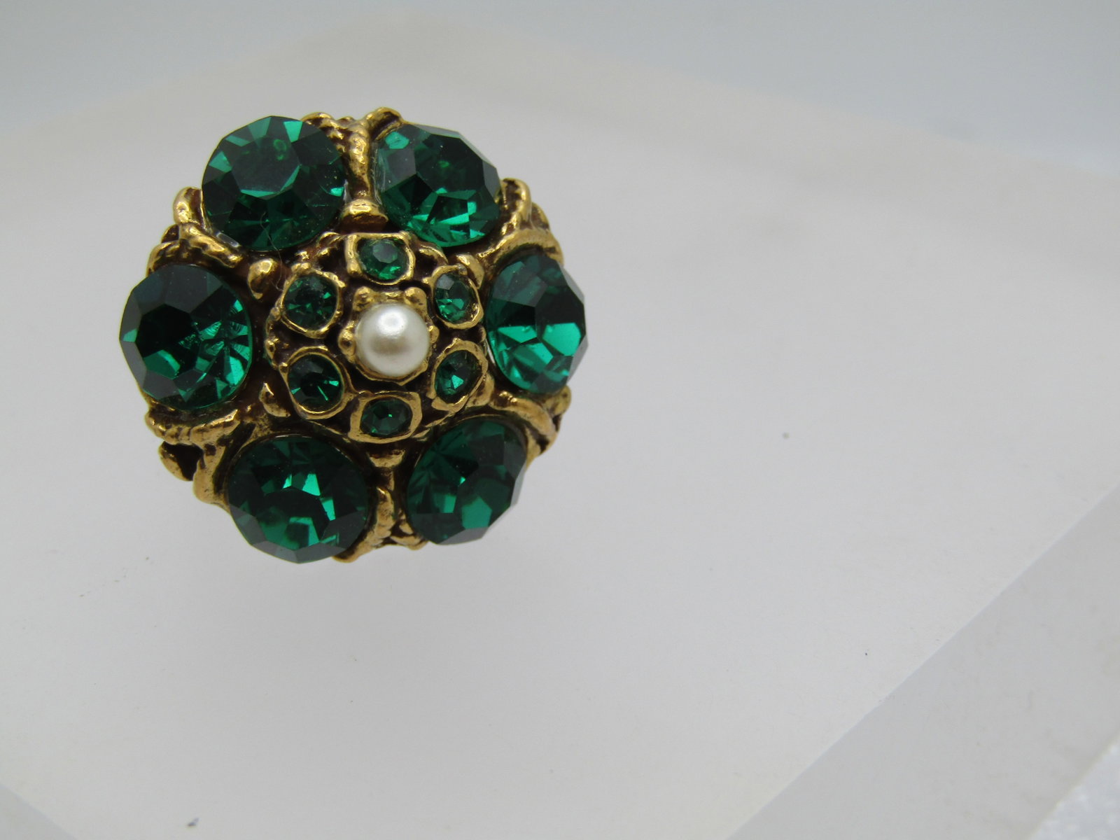 Vintage Faux Emerald Pearl Ring, Cocktail, Adjustable, 1970's-1980's - 3