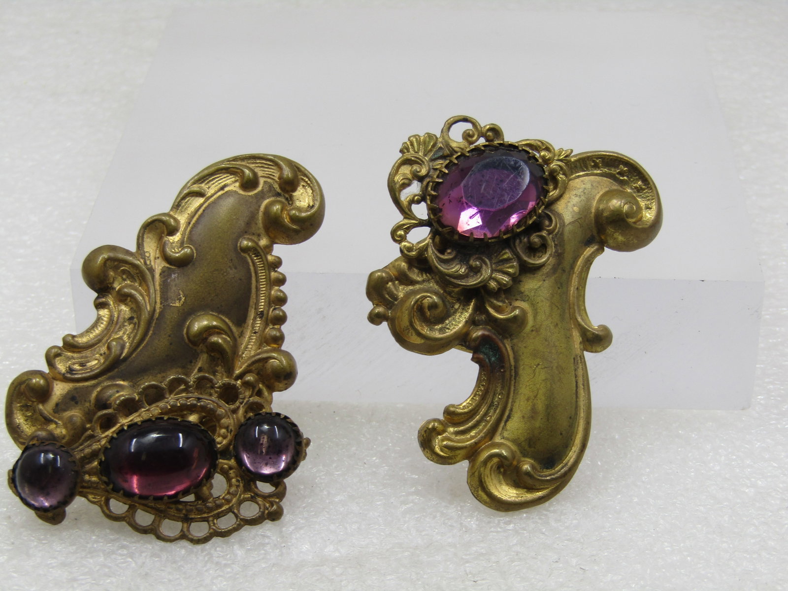 Victorian Buckle Pieces, Purple Glass & Brass, Scrolled, 1800's, 1" Belt (1 of 6)
