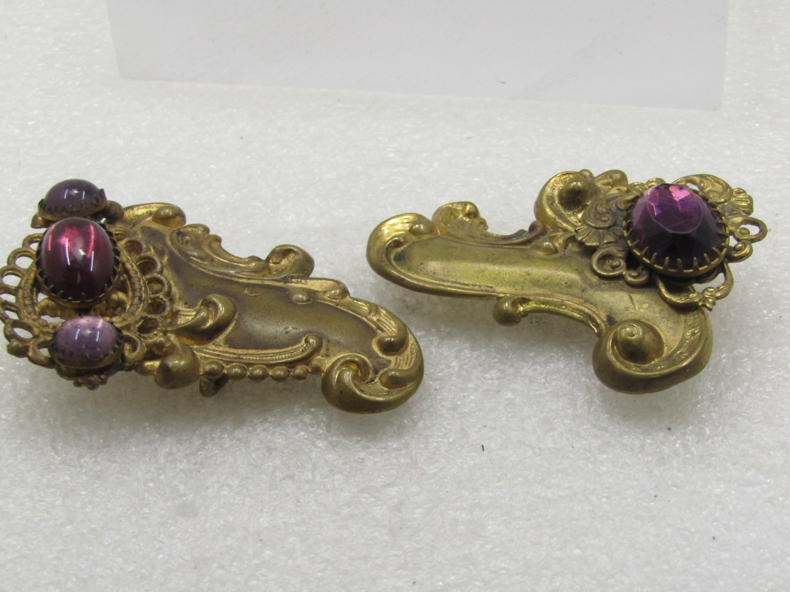 Victorian Buckle Pieces, Purple Glass & Brass, Scrolled, 1800's, 1" Belt - 6