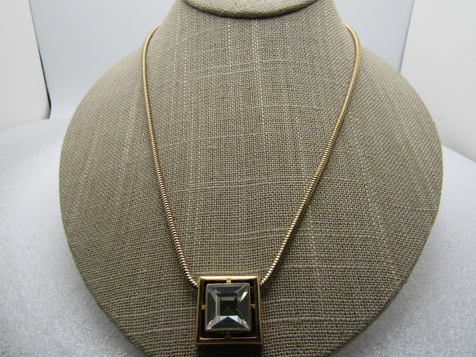 Vintage Avon Square Rhinestone Necklace, 18" Snake Chain, 1980's - 2