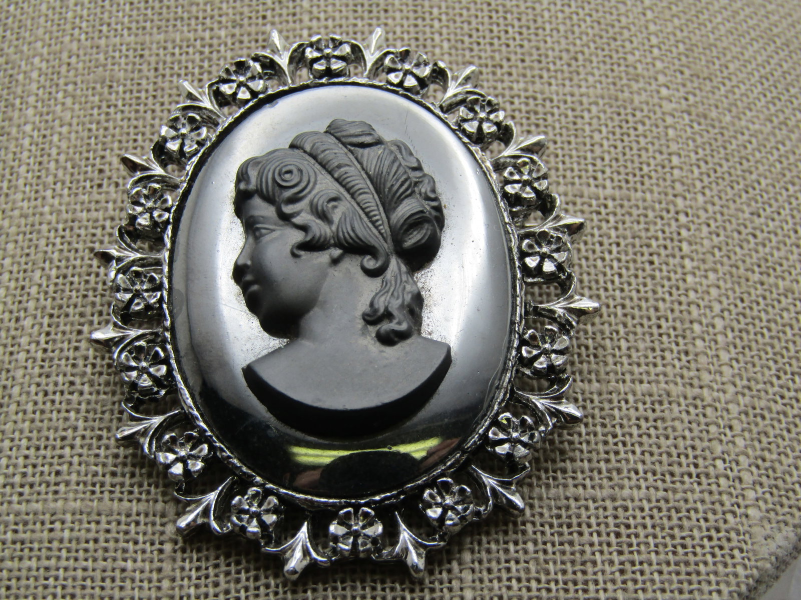 Vintage Hematite Cameo Brooch, 1960's-1970's, 2" - 3
