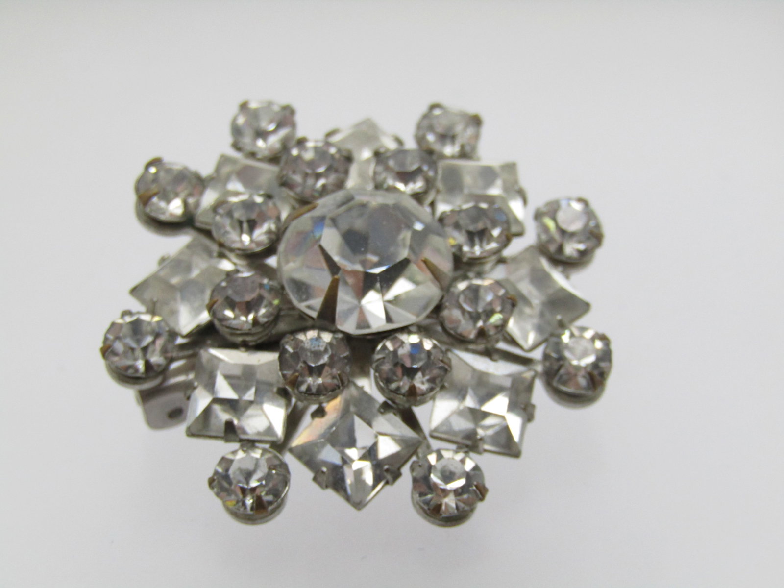Vintage Clear Rhinestone Tiered Brooch, Square & Round Stones, 1940's-1950's. 1.25" (1 of 4)