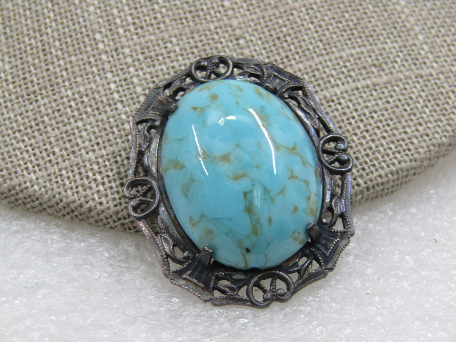 Vintage Sterling Turquoise Czech Glass Filigree Brooch, 1930's (1 of 5)