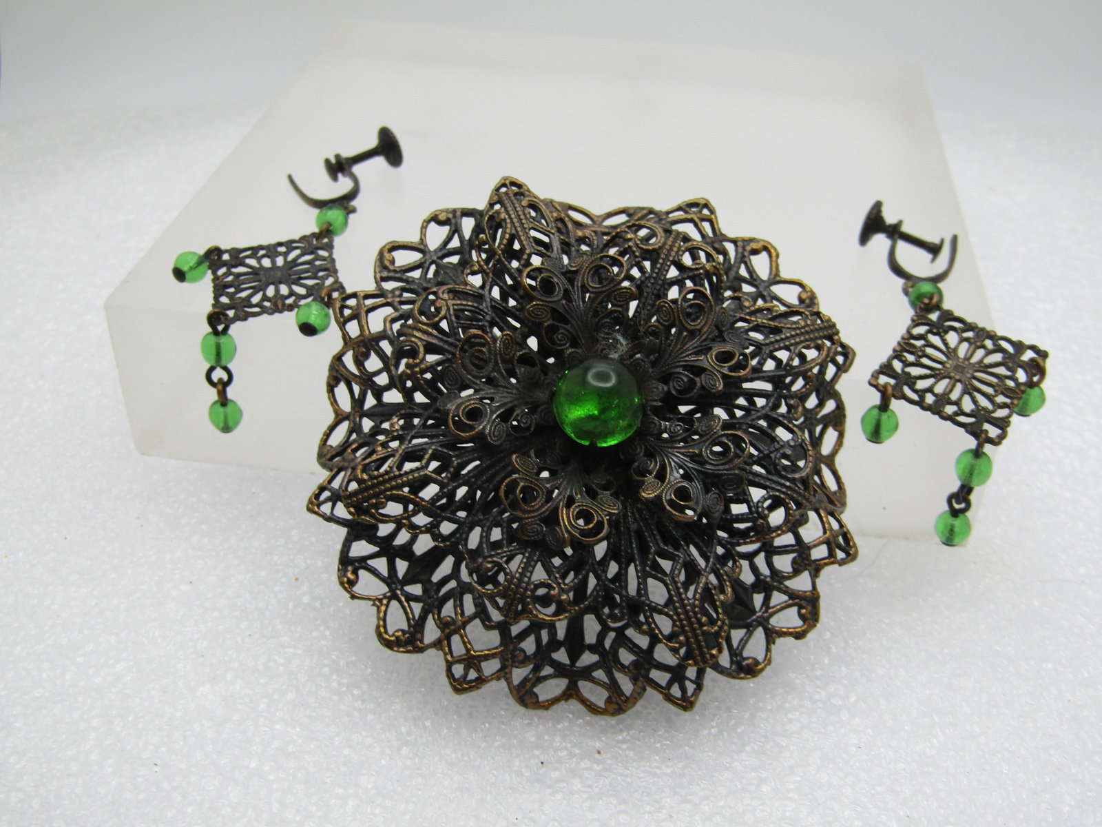 Antique Filigree Tiered Brooch & Earrings, Screw Back - 2