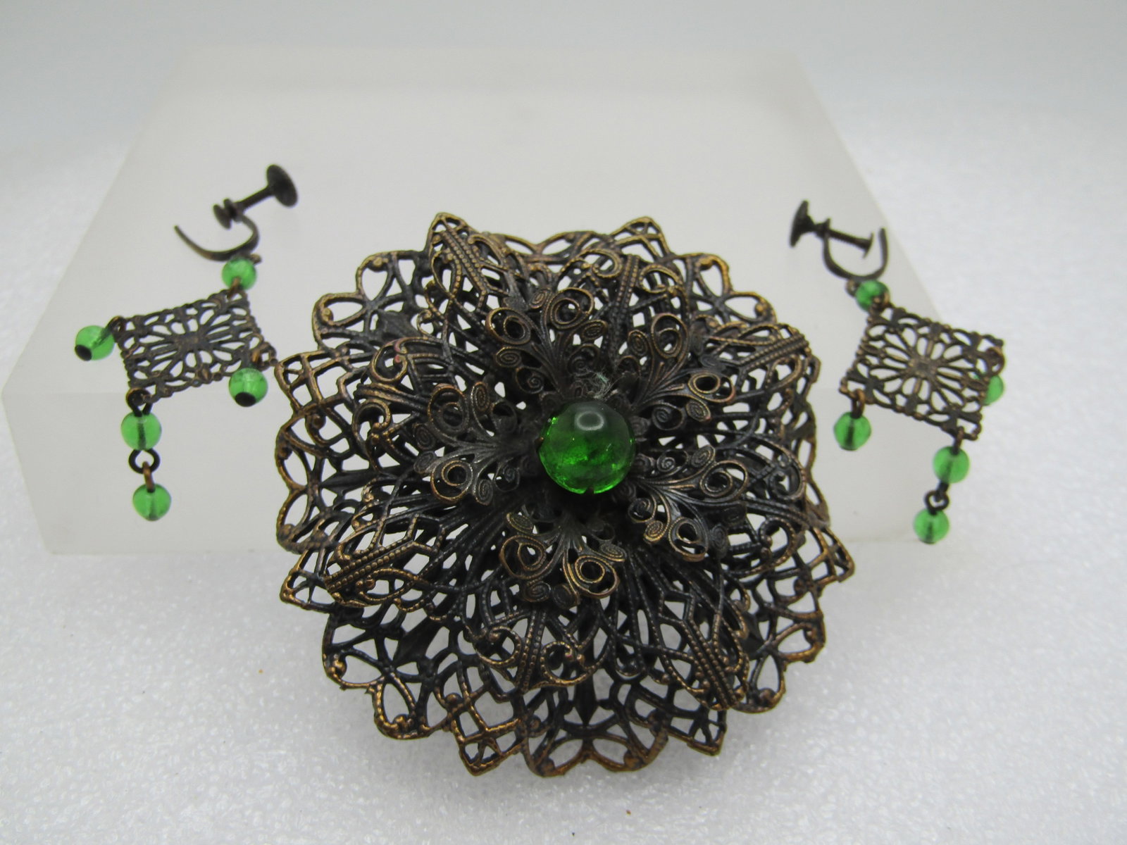 Antique Filigree Tiered Brooch & Earrings, Screw Back - 3