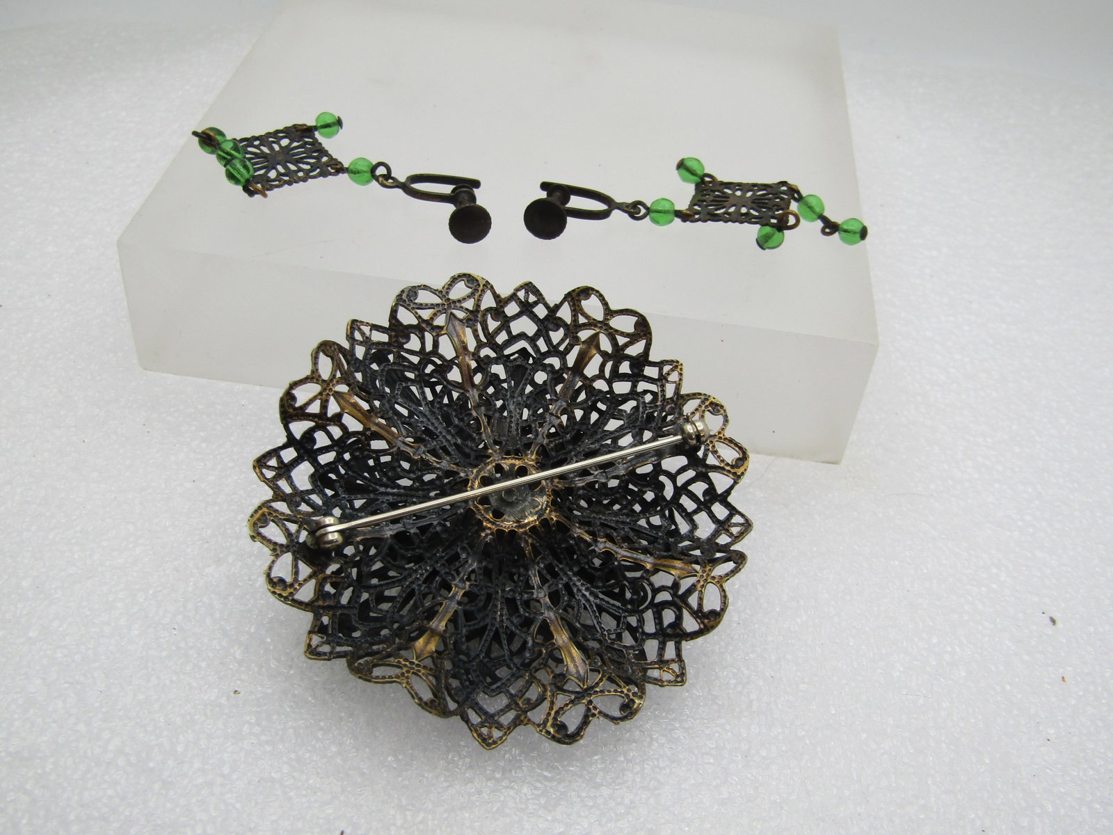 Antique Filigree Tiered Brooch & Earrings, Screw Back - 4