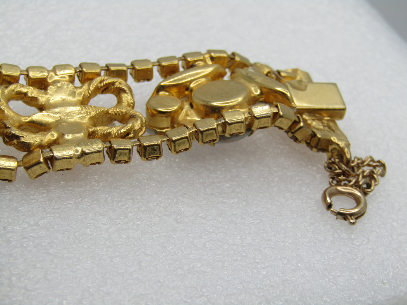 Vintage White & Honey Rhinestone Bracelet, Glitter Glass Cabochons, 7.5", Mid-Century - 9