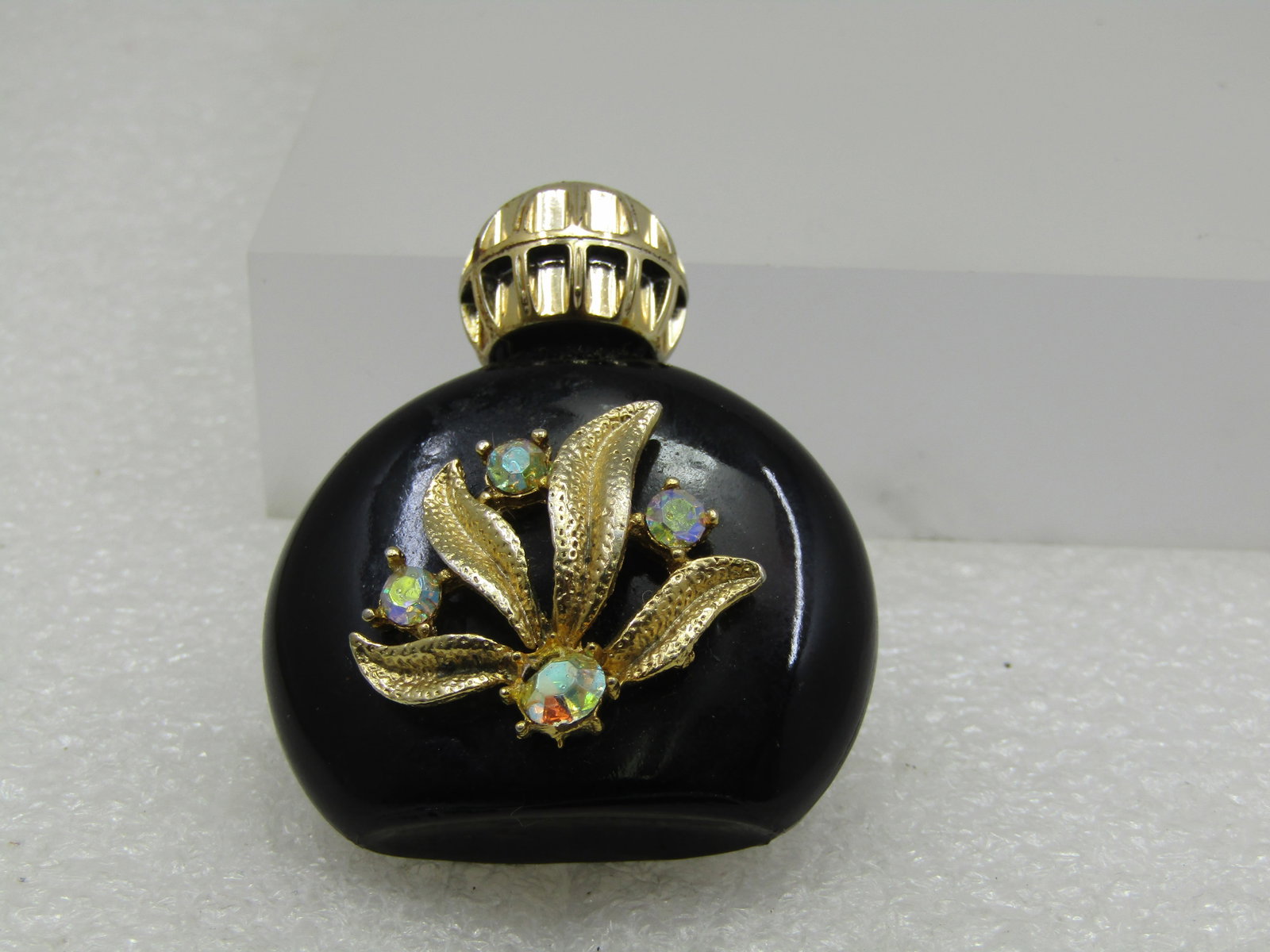 Vintage Small Black Floral Rhinestone Perfume Bottle, 1940's-1950's - 5