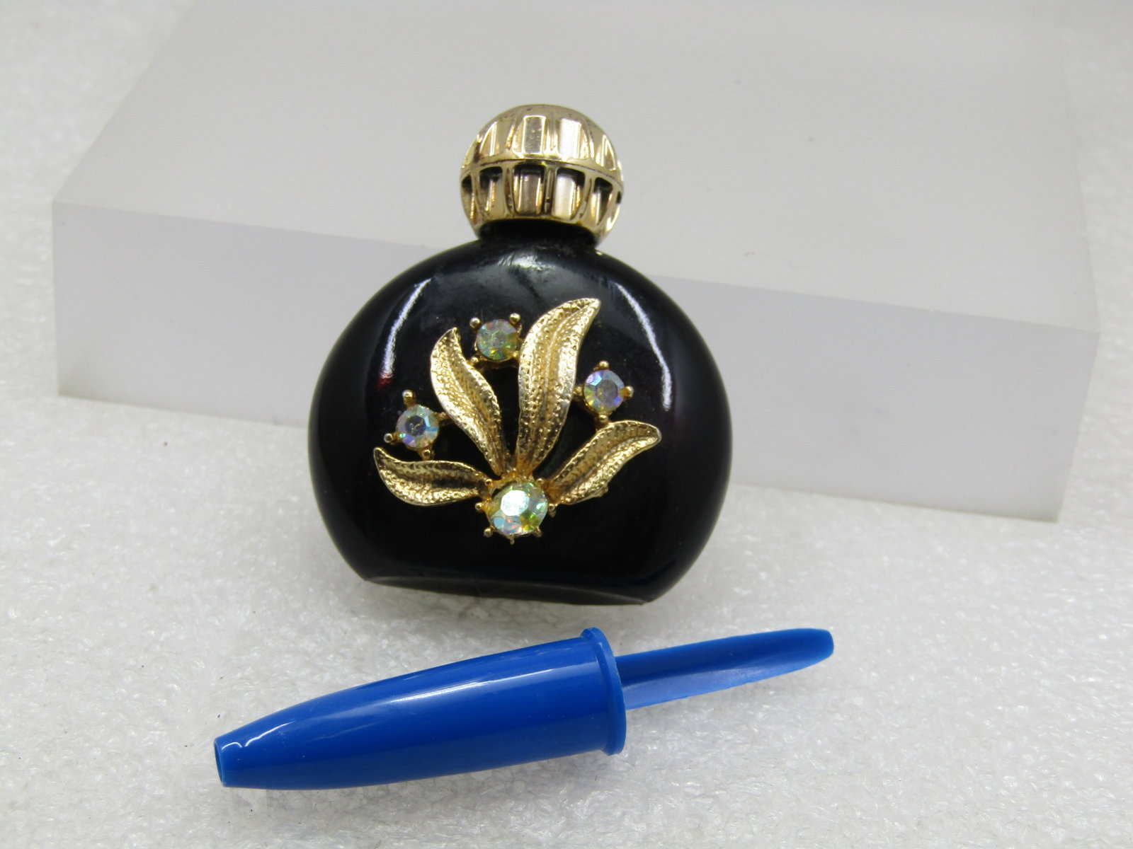 Vintage Small Black Floral Rhinestone Perfume Bottle, 1940's-1950's - 6