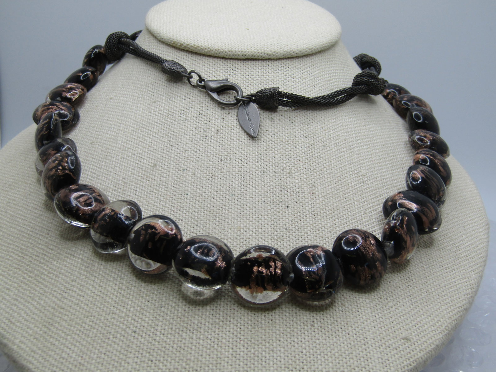 Vintage Black Glitter Glass Necklace, 35", Coldwater Creek, Mesh Chain - 3