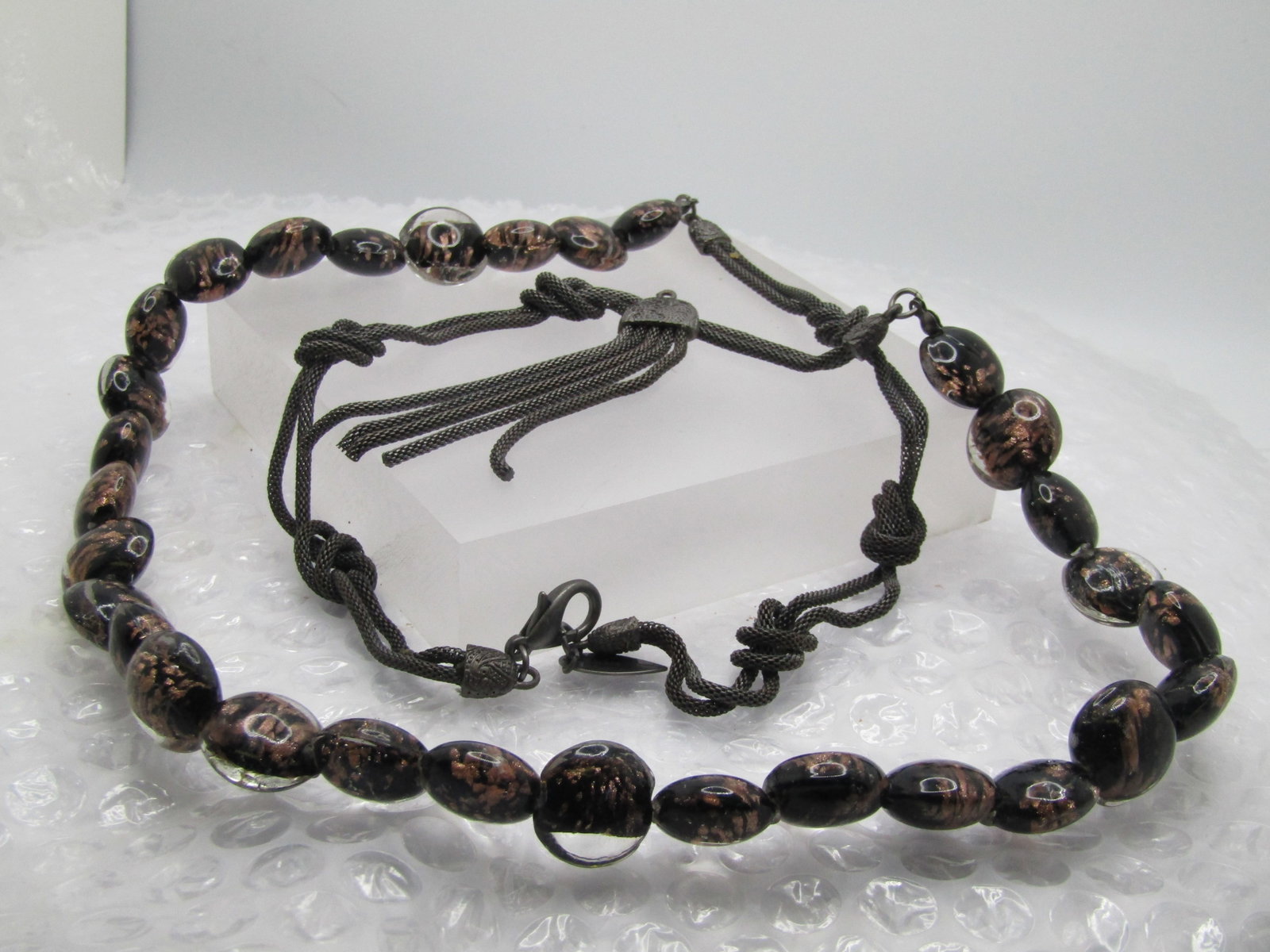 Vintage Black Glitter Glass Necklace, 35", Coldwater Creek, Mesh Chain - 5