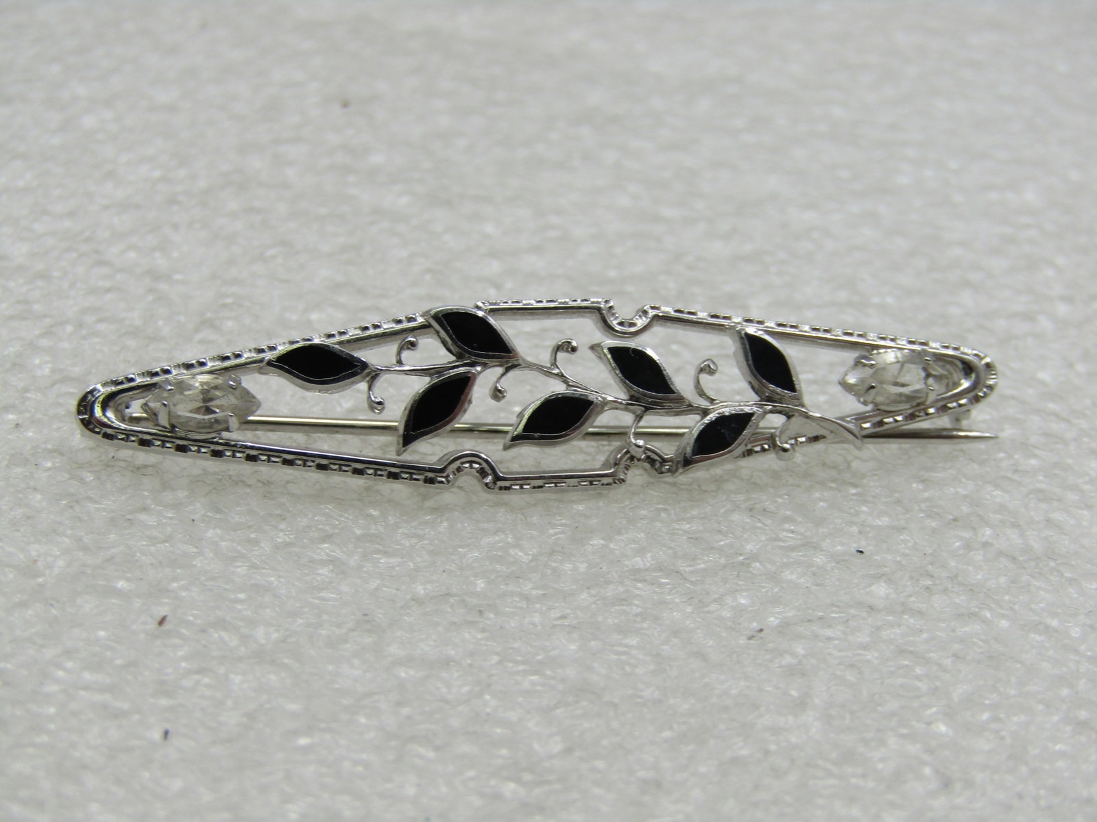 Vintage Sterling Enameled Black Leaf Brooch,, Marquise Rhinestones, 2", 1960's: Title: Vintage Sterling Enameled Black Leaf Brooch,, Marquise Rhinestones, 2", 1960's Description: Vintage Sterling Enameled Black Leaf Brooch, and Marquise Rhinestones. 2", 1960's, 5/8" at the center