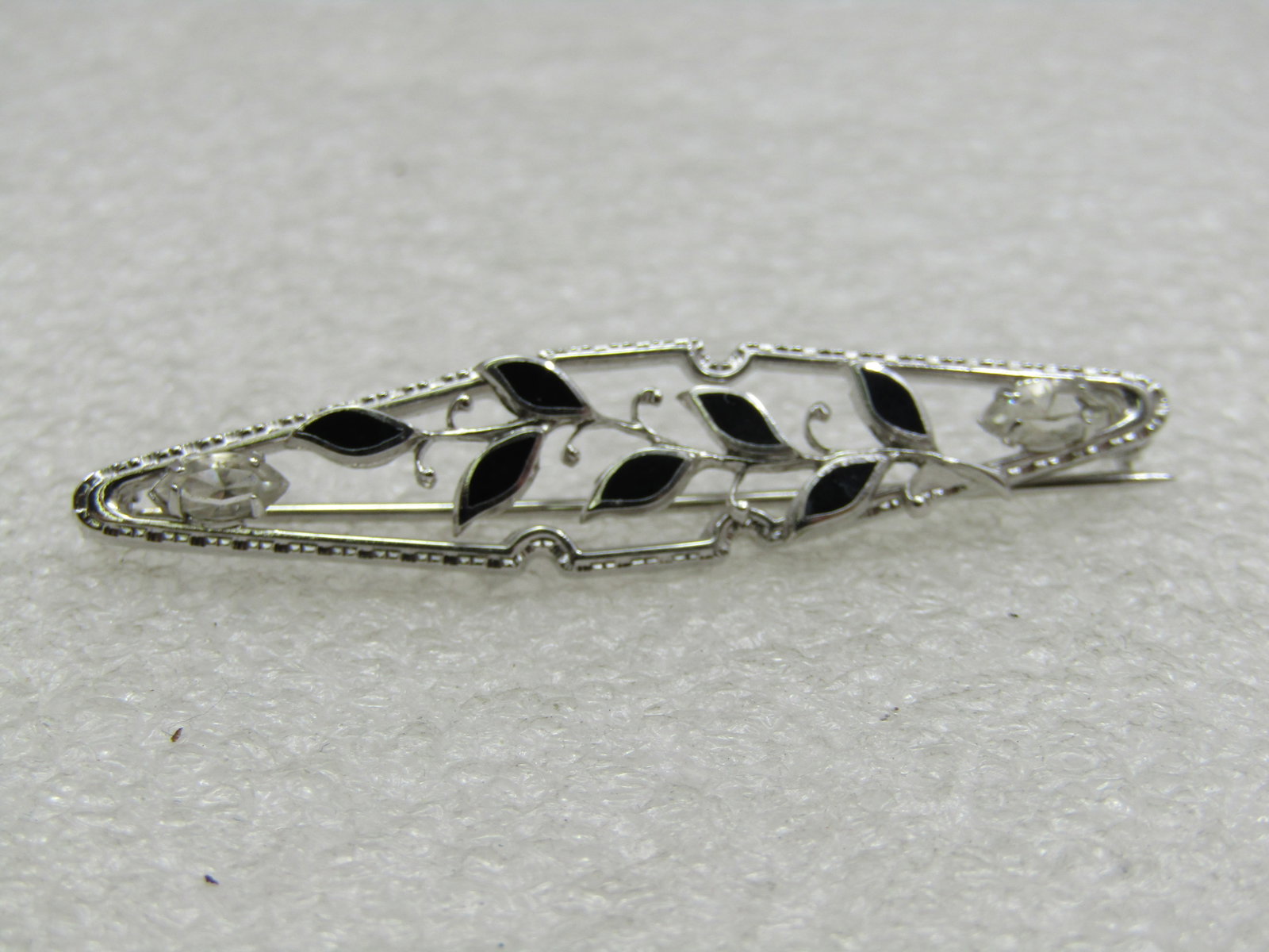 Vintage Sterling Enameled Black Leaf Brooch,, Marquise Rhinestones, 2", 1960's - 2