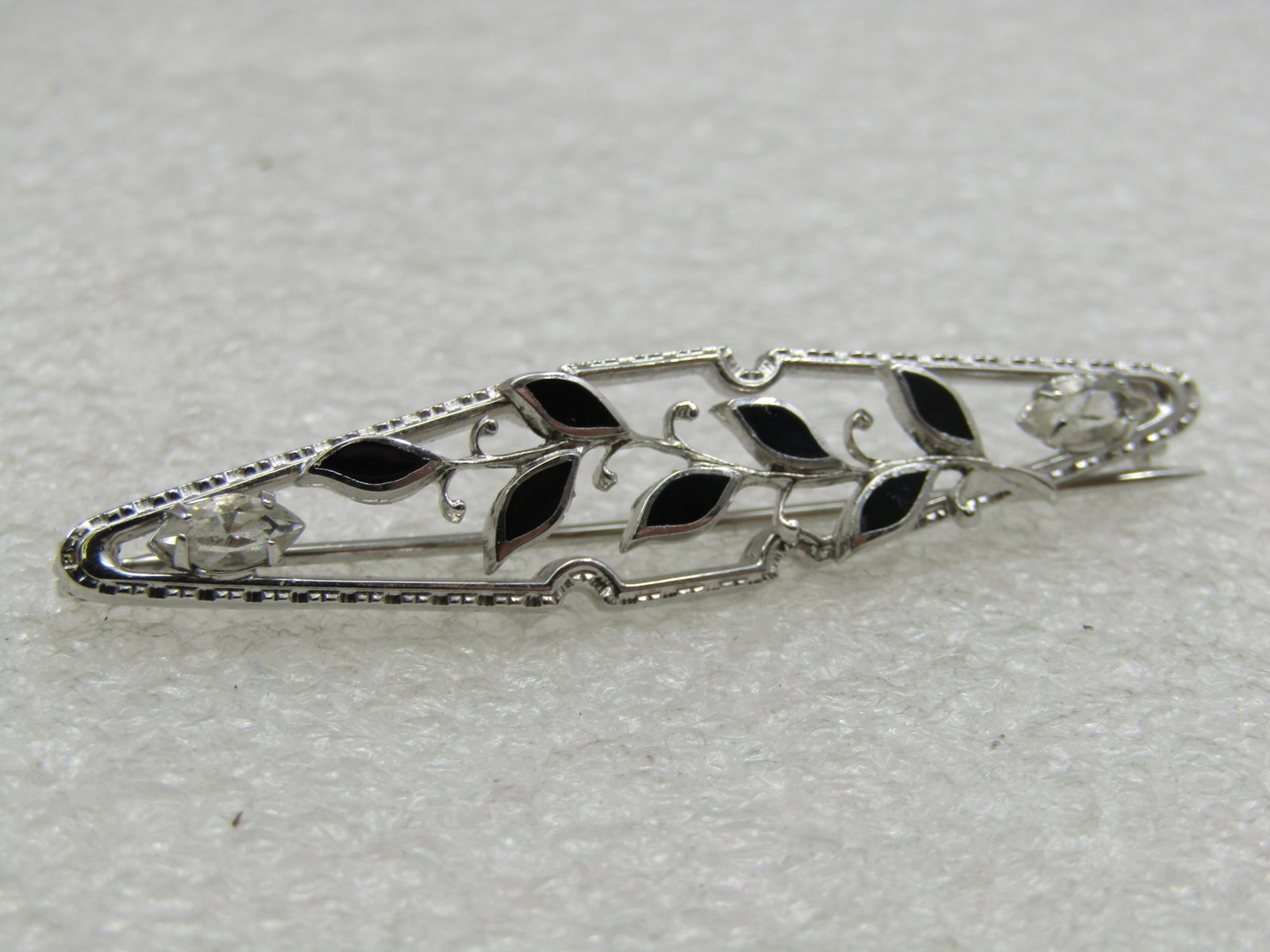 Vintage Sterling Enameled Black Leaf Brooch,, Marquise Rhinestones, 2", 1960's - 3