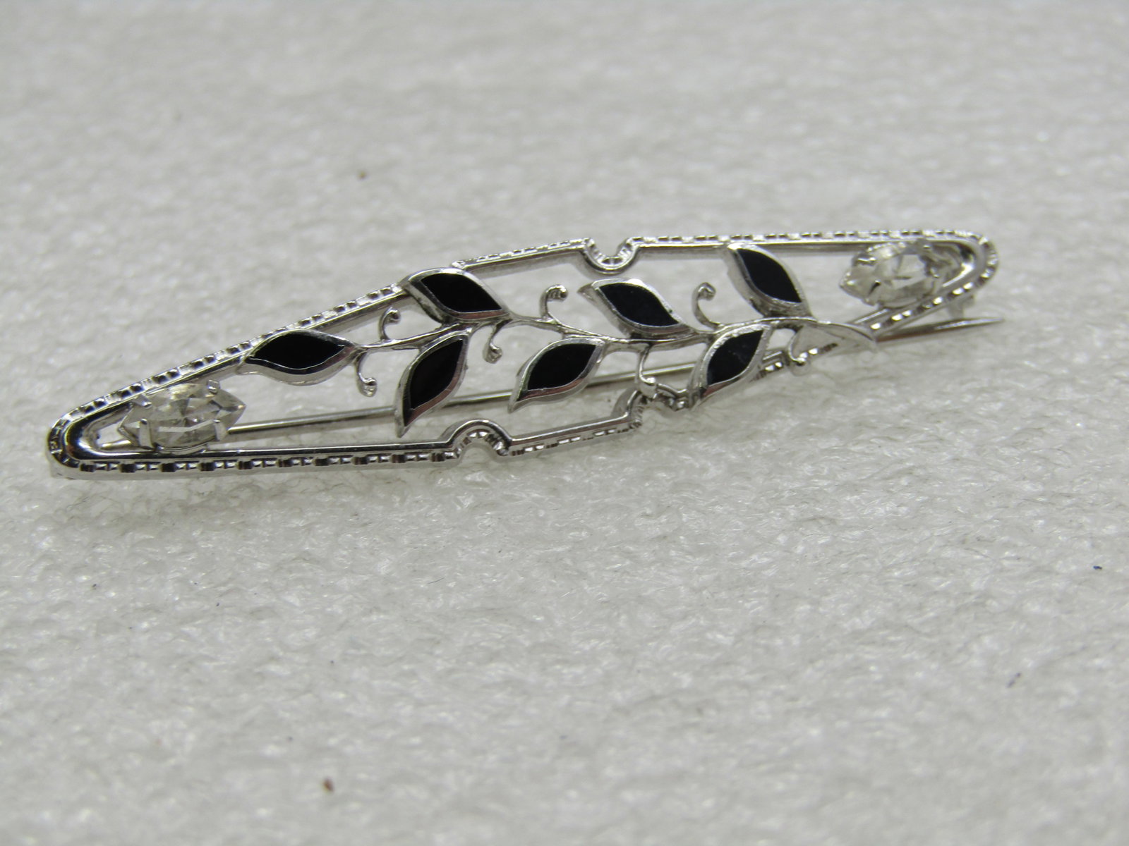 Vintage Sterling Enameled Black Leaf Brooch,, Marquise Rhinestones, 2", 1960's - 5