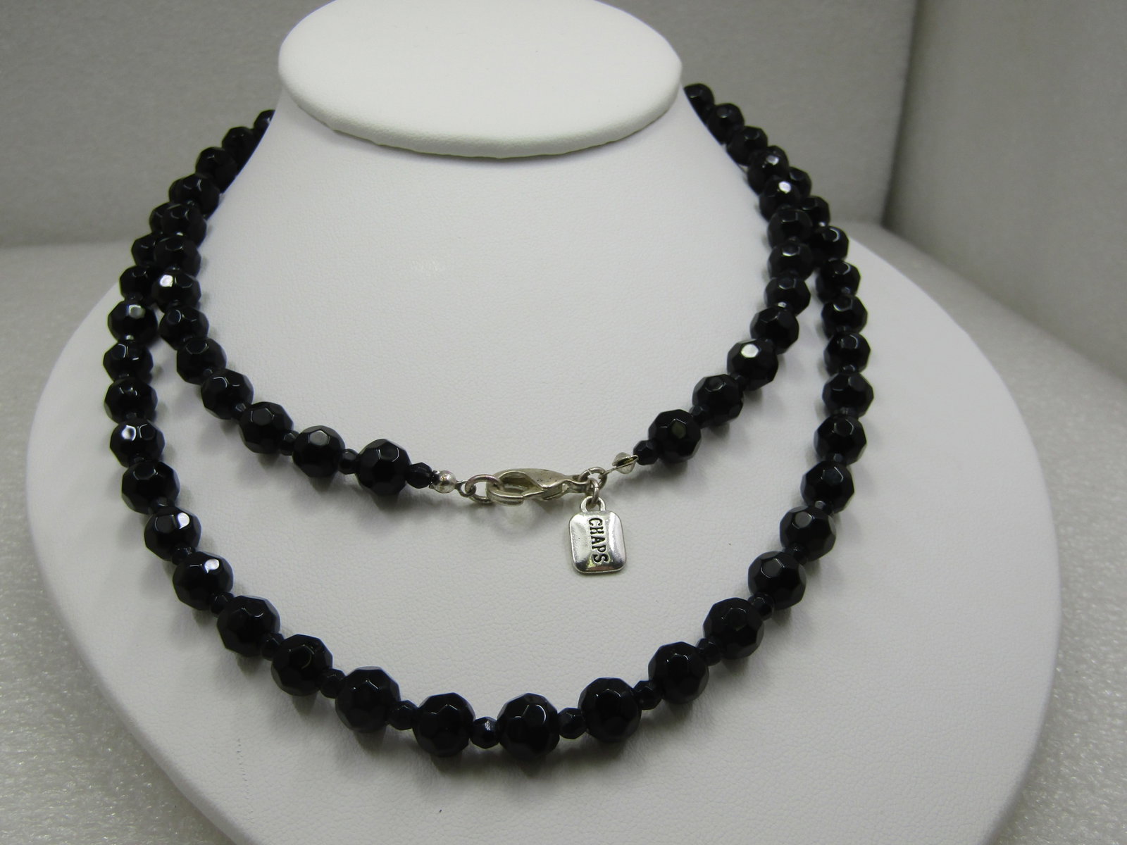 Vintage Black 8mm Black Beaded Necklace, 34" Signed Chaps - 2