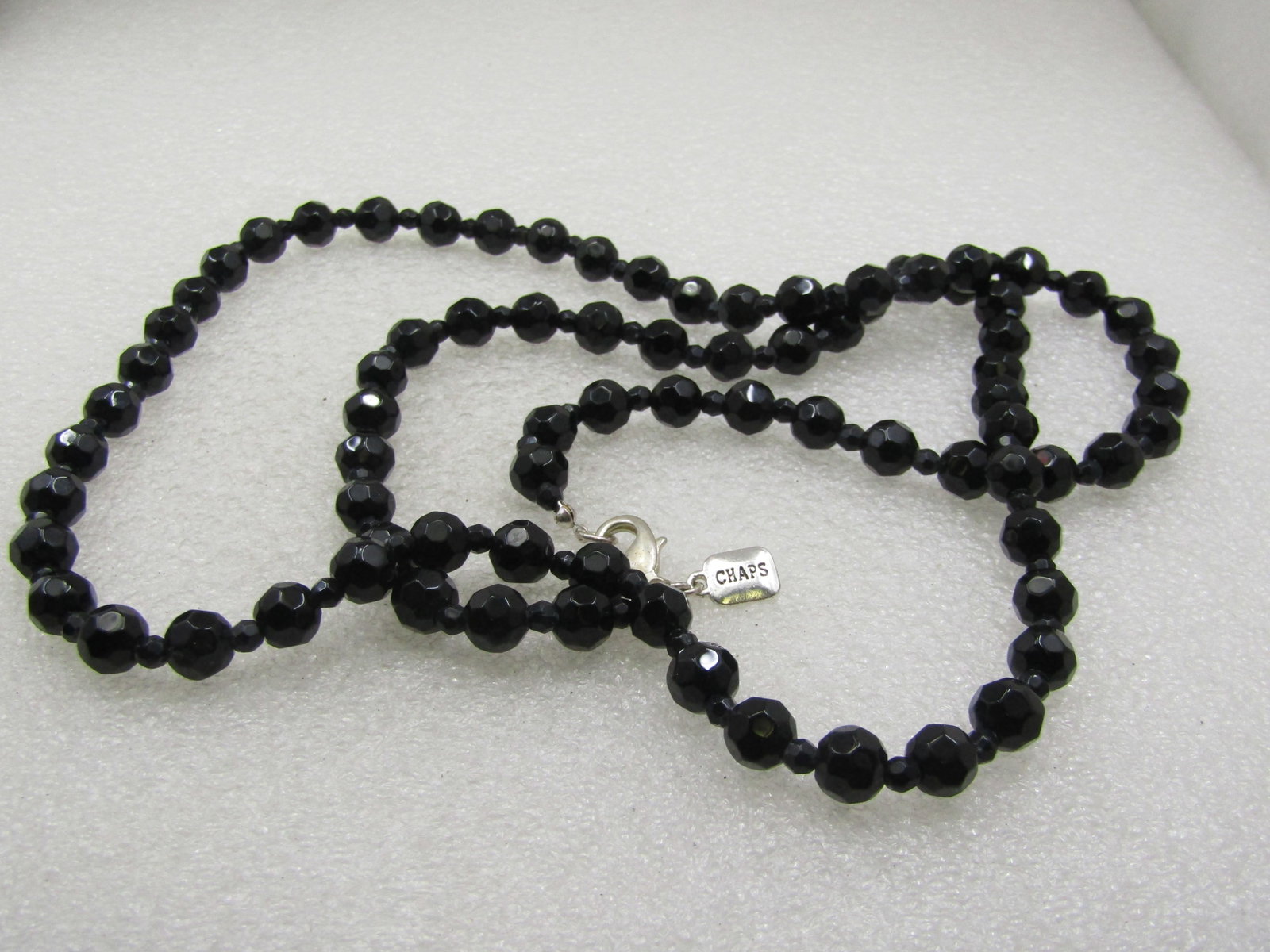 Vintage Black 8mm Black Beaded Necklace, 34" Signed Chaps - 5