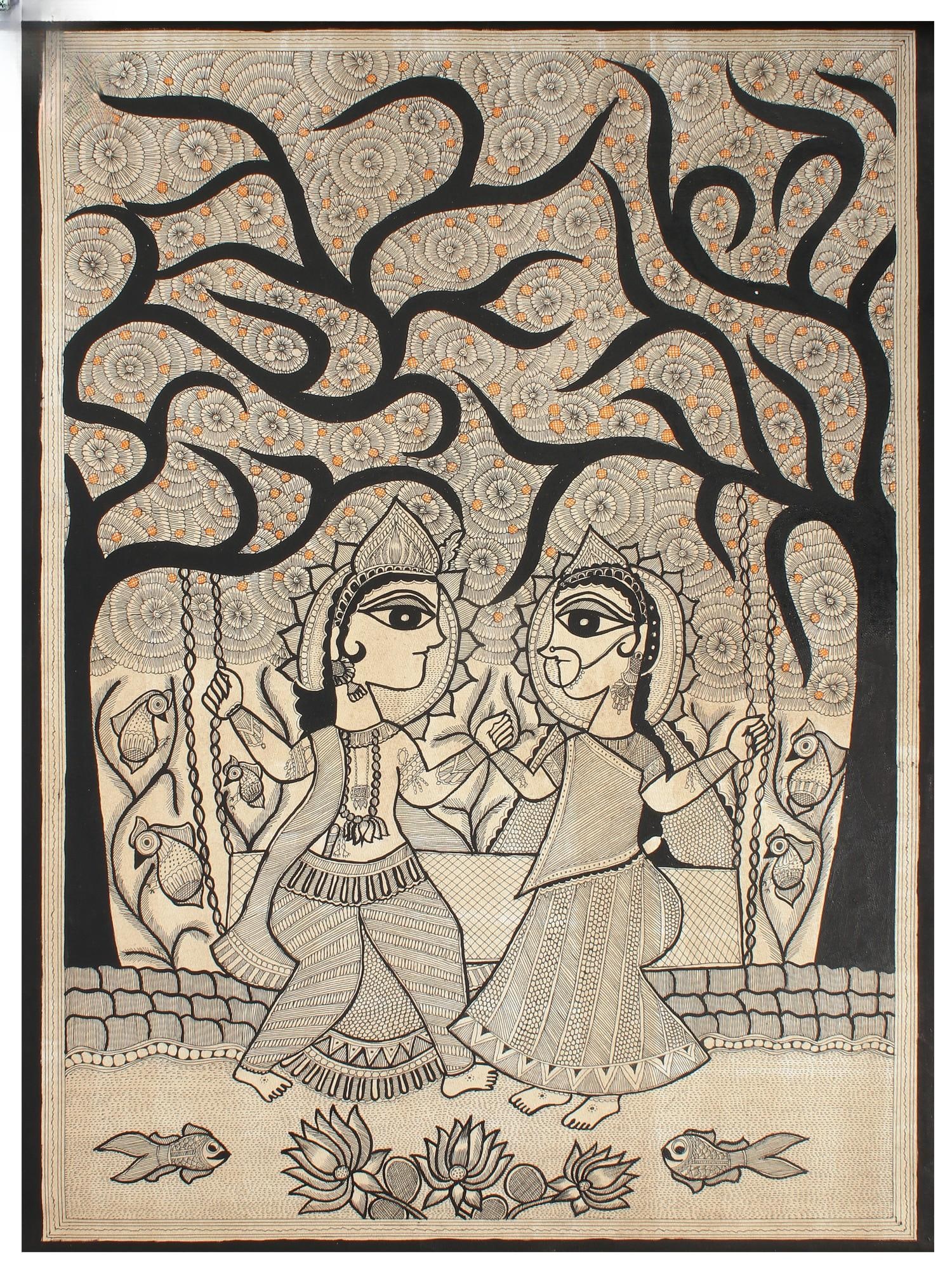 Radha Krishna on Swing | Madhubani Painting: Title: Radha Krishna on Swing | Madhubani Painting Description: Folk Paintings Reserve: $139.50 Shipping: Domestic: Shipping rates are determined by destination to anywhere within the contiguous U.S. 