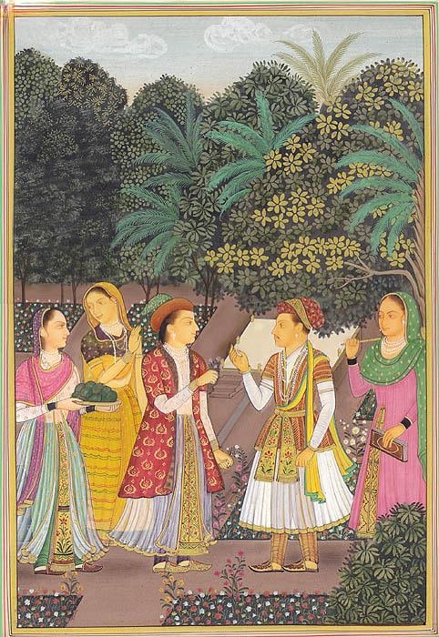Jahangir with Nurjahan in Royal Garden: Title: Jahangir with Nurjahan in Royal Garden Description: Mughal Painting Reserve: $495.00 Shipping: Domestic: Shipping rates are determined by destination to anywhere within the contiguous U.S.