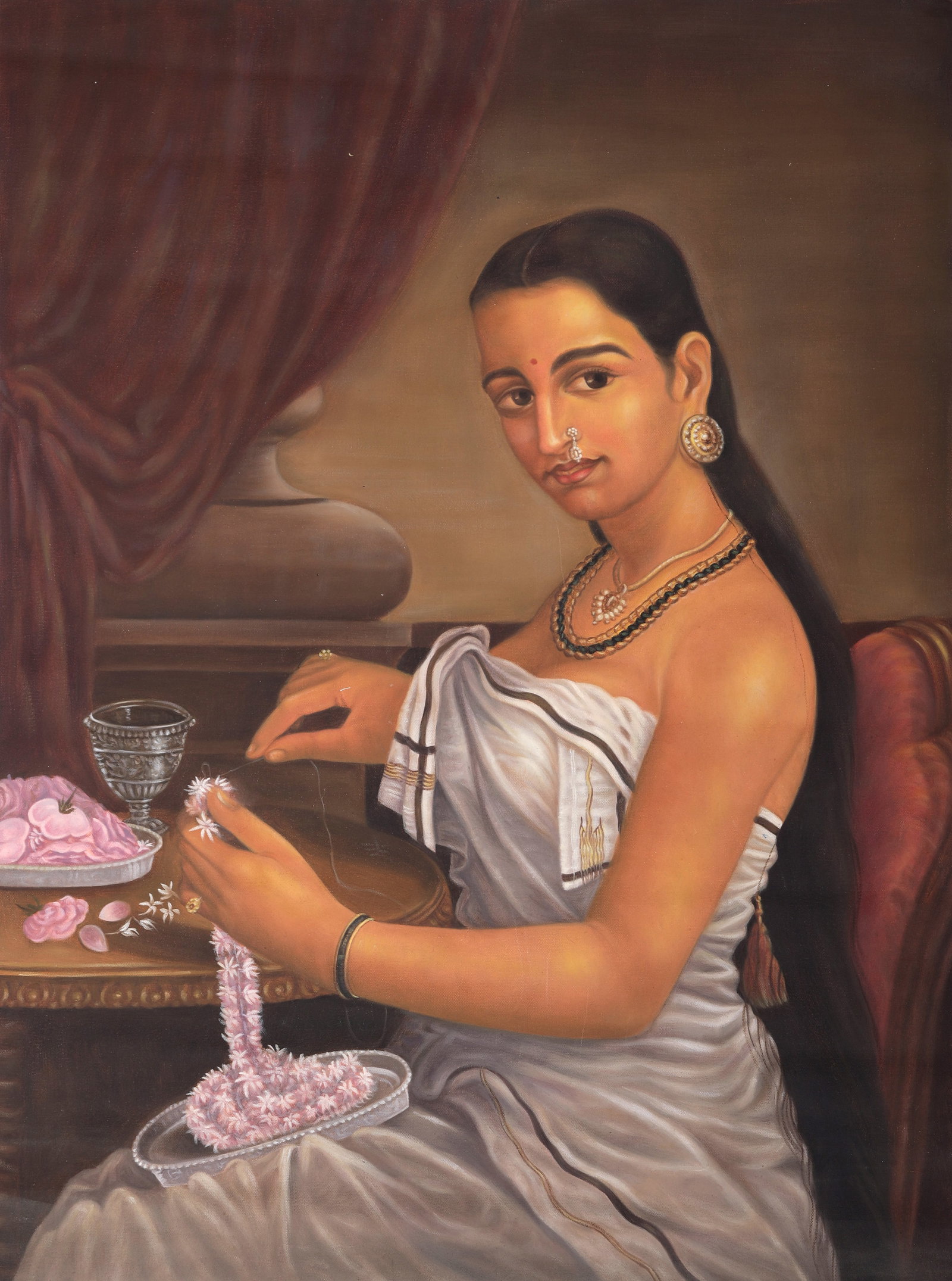A Young Woman Making Garland of Flowers: Title: A Young Woman Making Garland of Flowers Description: Oil Paintings Reserve: $279.90 Shipping: Domestic: Shipping rates are determined by destination to anywhere within the contiguous U.S.
