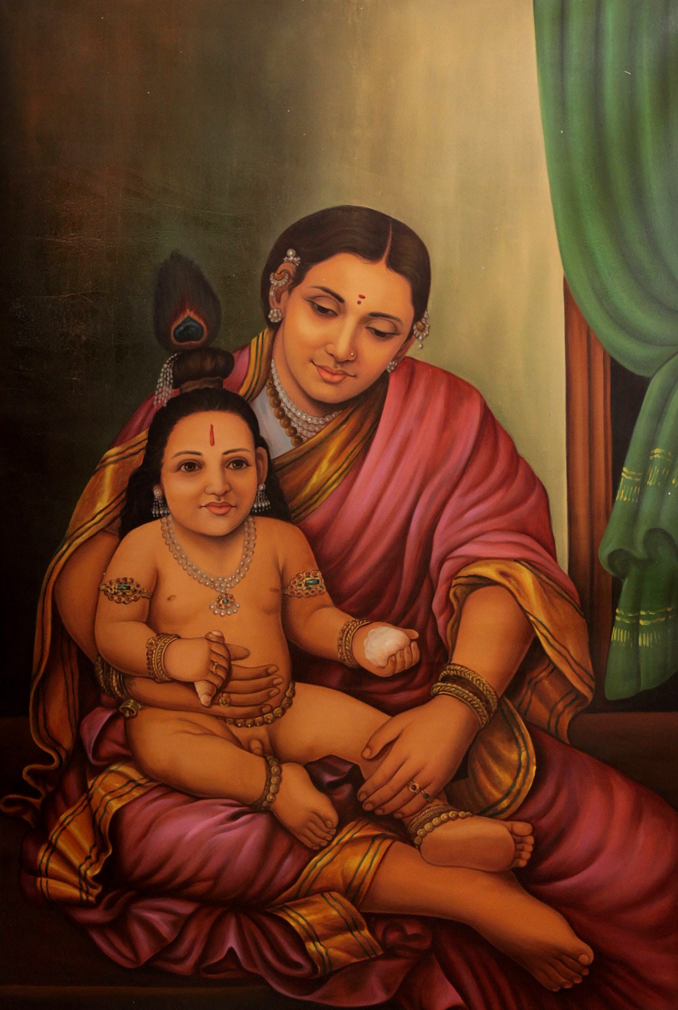 Krishna in the Lap of Mother: Title: Krishna in the Lap of Mother Description: Krishna Painting Reserve: $422.10 Shipping: Domestic: Shipping rates are determined by destination to anywhere within the contiguous U.S. International