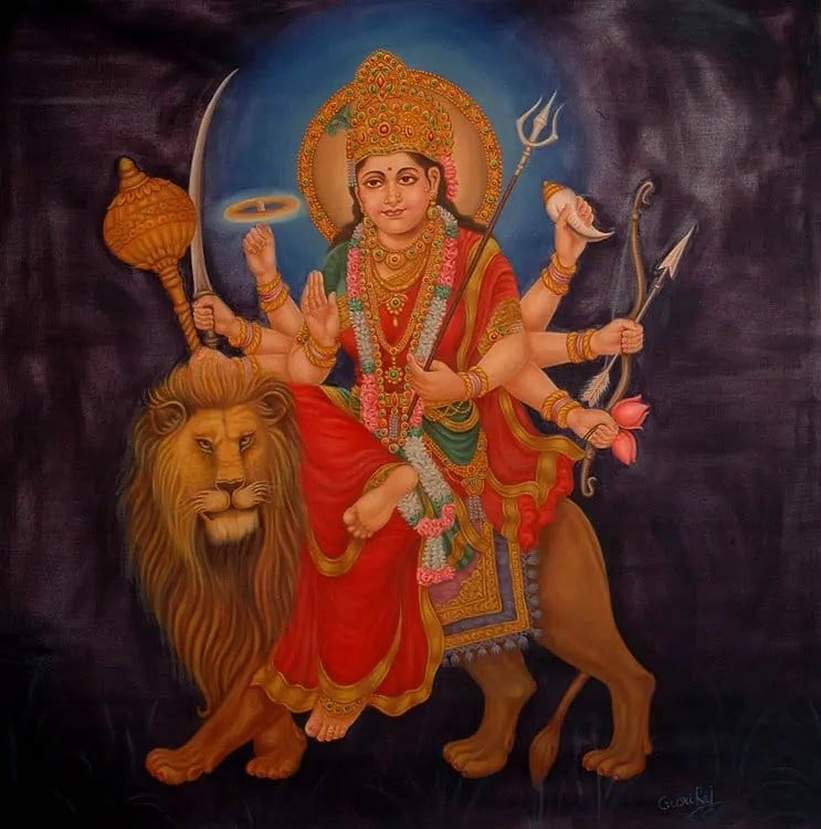Simhavahini Devi Durga - Beauty And Ferocity: Title: Simhavahini Devi Durga - Beauty And Ferocity Description: Goddess Painting Reserve: $585.00 Shipping: Domestic: Shipping rates are determined by destination to anywhere within the contiguous U.