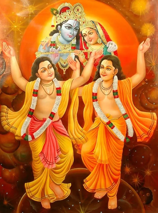 Radha Krishna Bless Chaitanya and Nityananda Mahaprabhu: Title: Radha Krishna Bless Chaitanya and Nityananda Mahaprabhu Description: Krishna Painting Reserve: $540.00 Shipping: Domestic: Shipping rates are determined by destination to anywhere within the