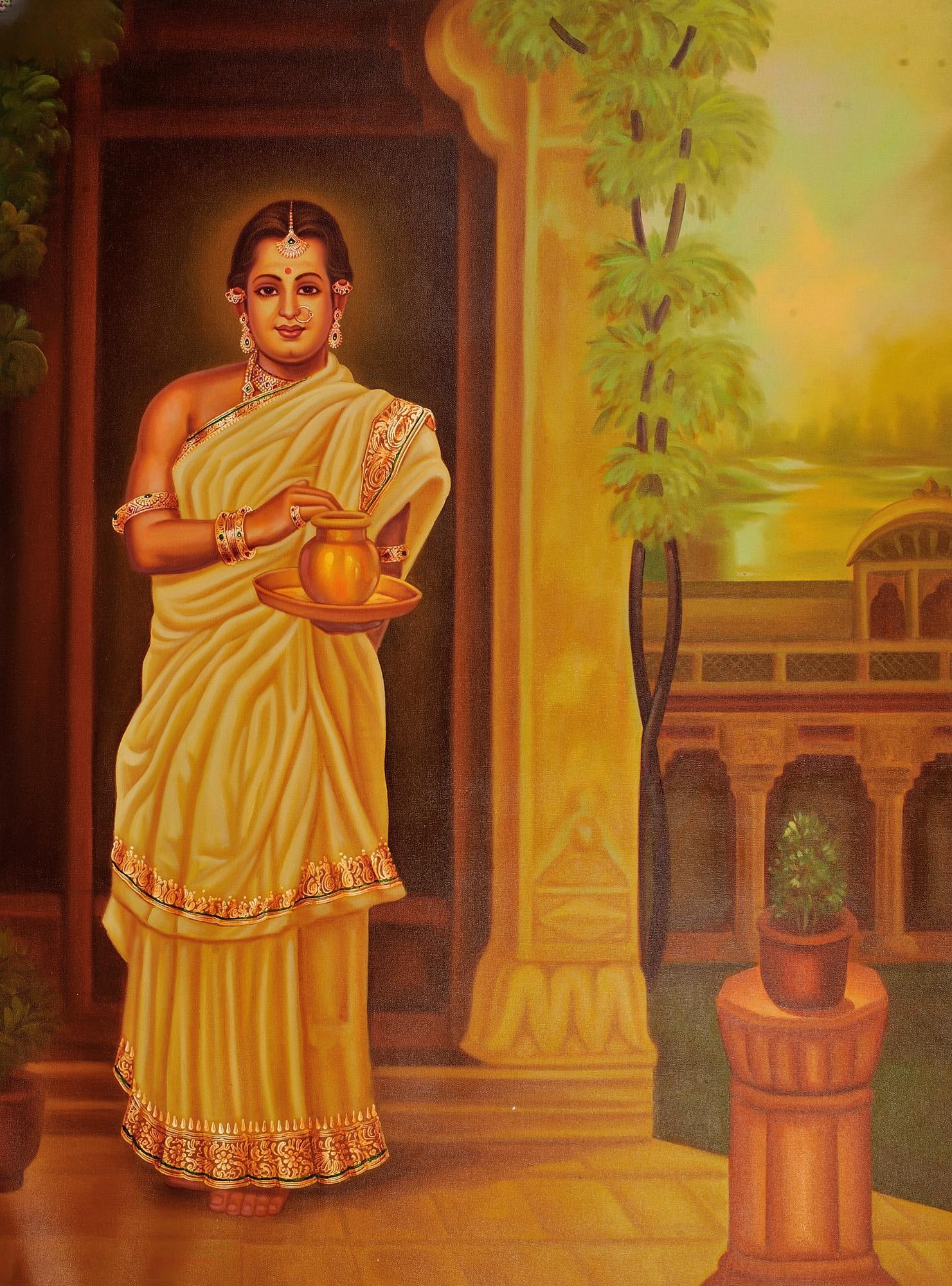 Tulsi Poojana: Title: Tulsi Poojana Description: Oil Paintings Reserve: $467.10 Shipping: Domestic: Shipping rates are determined by destination to anywhere within the contiguous U.S. International: Foreign