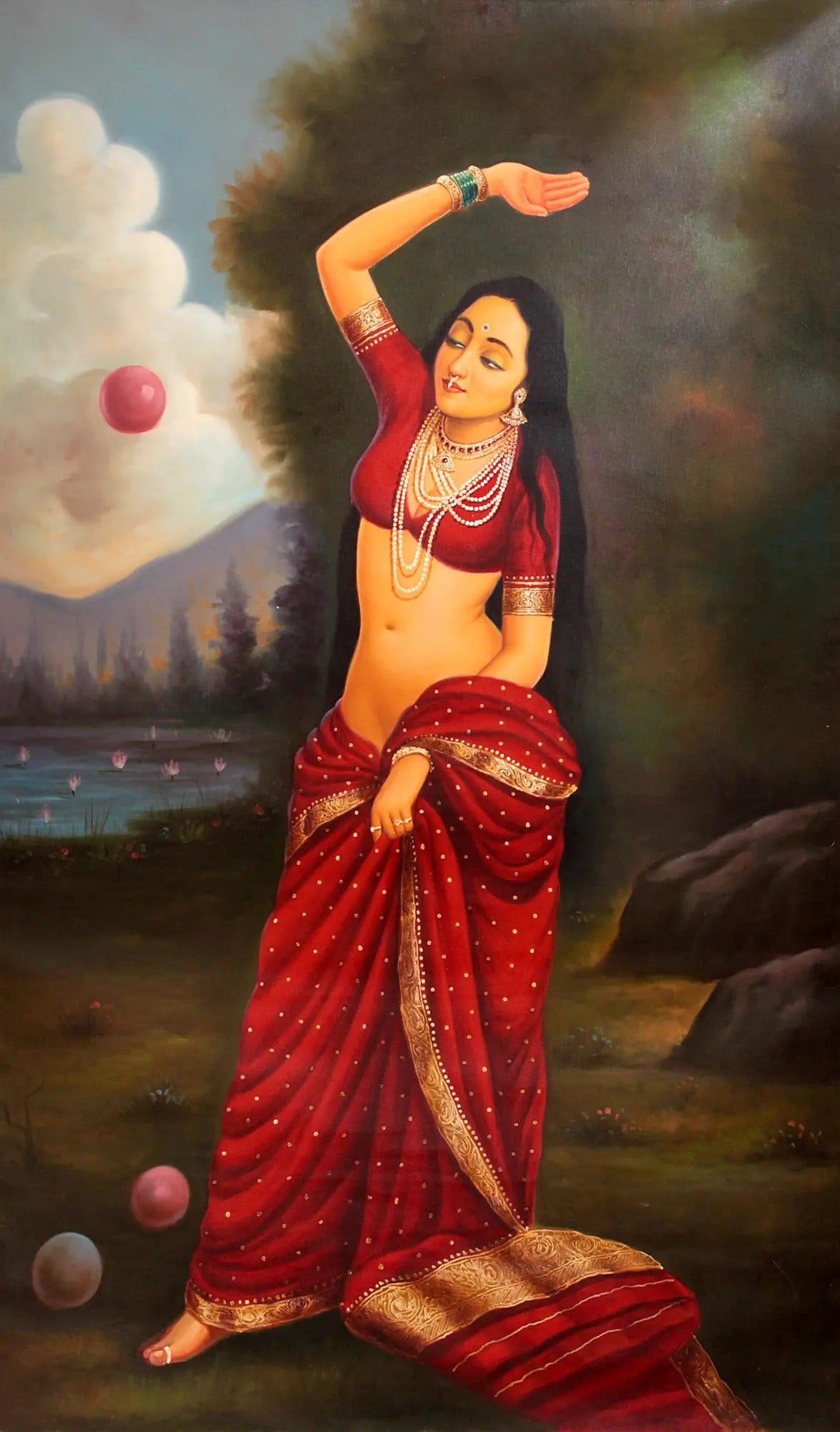 A Young Lady, Perhaps Menaka, Playing with Balls: Title: A Young Lady, Perhaps Menaka, Playing with Balls Description: Oil Paintings Reserve: $467.10 Shipping: Domestic: Shipping rates are determined by destination to anywhere within the contiguous