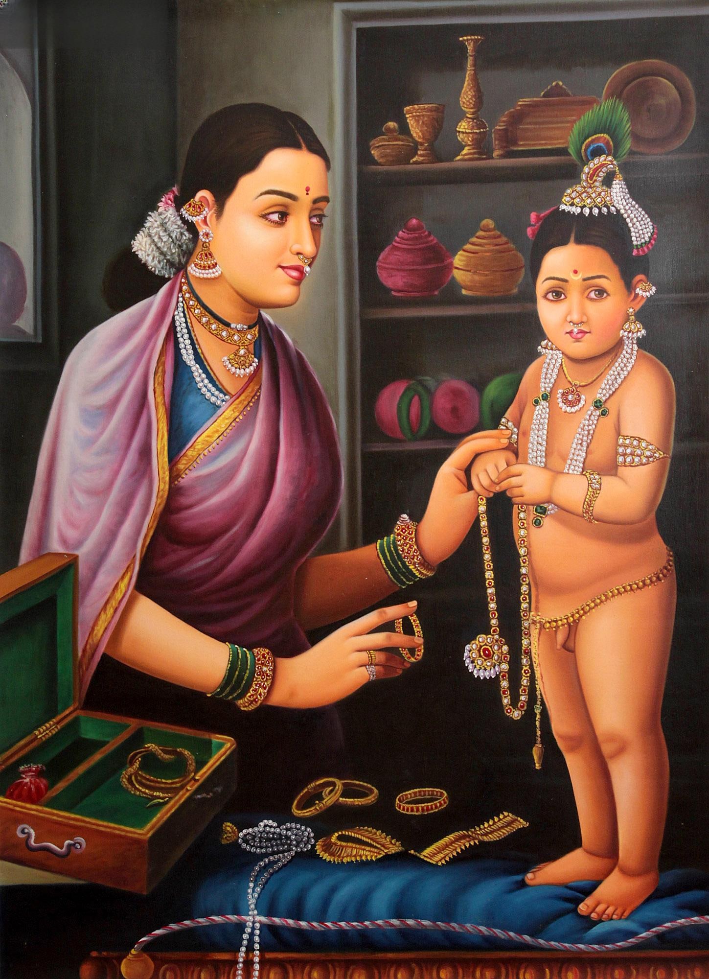Mother Yashoda Adorns Her Baby Gopala: Title: Mother Yashoda Adorns Her Baby Gopala Description: Krishna Painting Reserve: $422.10 Shipping: Domestic: Shipping rates are determined by destination to anywhere within the contiguous U.S.