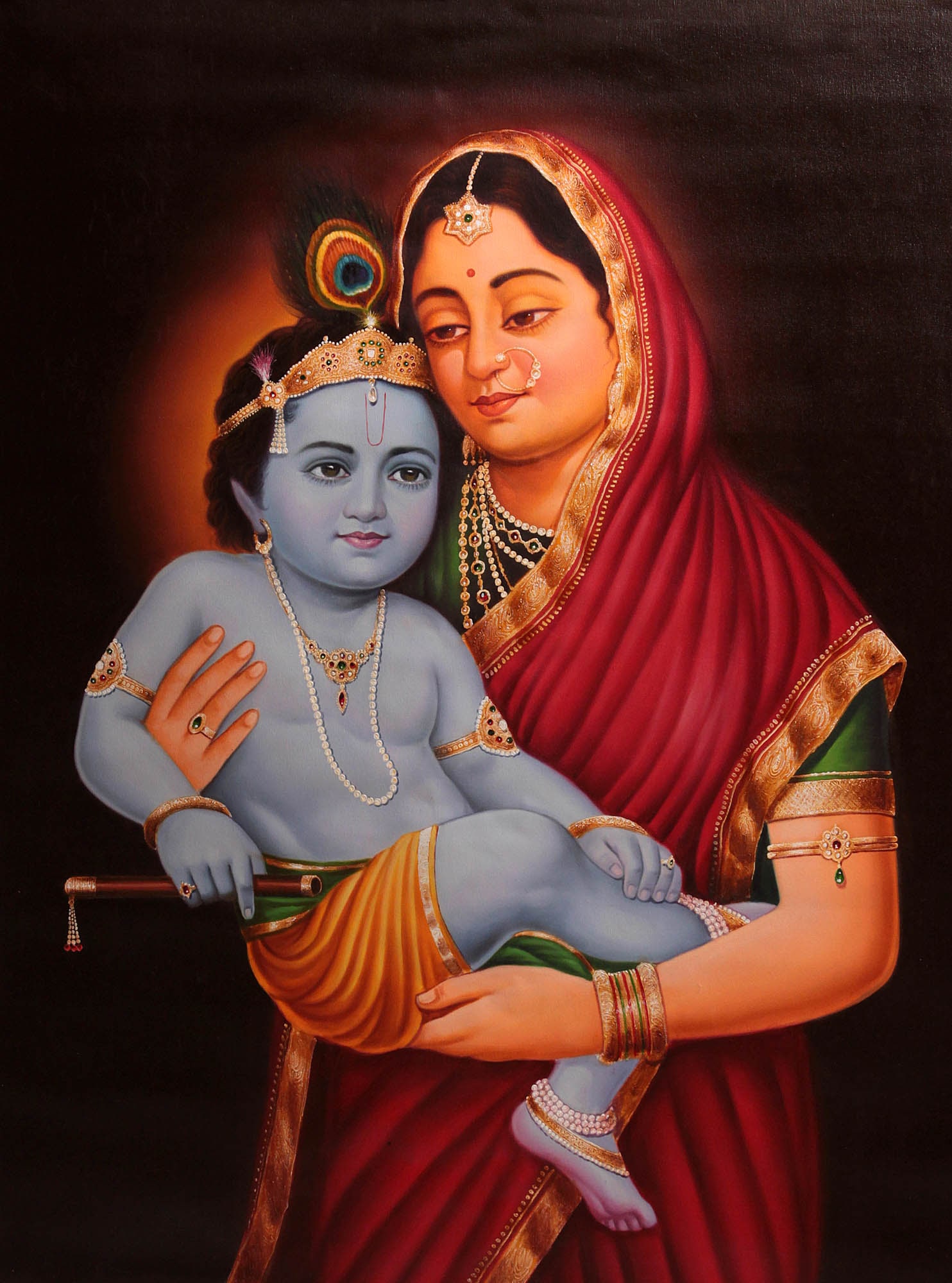 Baby Krishna in the Lap of Mother Yashoda: Title: Baby Krishna in the Lap of Mother Yashoda Description: Oil Paintings Reserve: $467.10 Shipping: Domestic: Shipping rates are determined by destination to anywhere within the contiguous U.S.