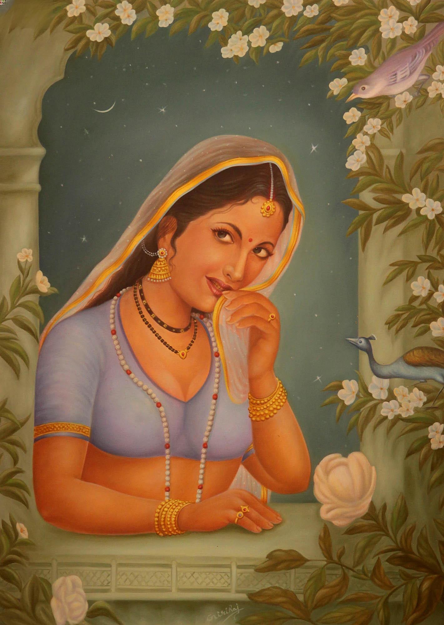 At the Jharoka with Peacock: Title: At the Jharoka with Peacock Description: Oil Paintings Reserve: $349.20 Shipping: Domestic: Shipping rates are determined by destination to anywhere within the contiguous U.S. International: Fo