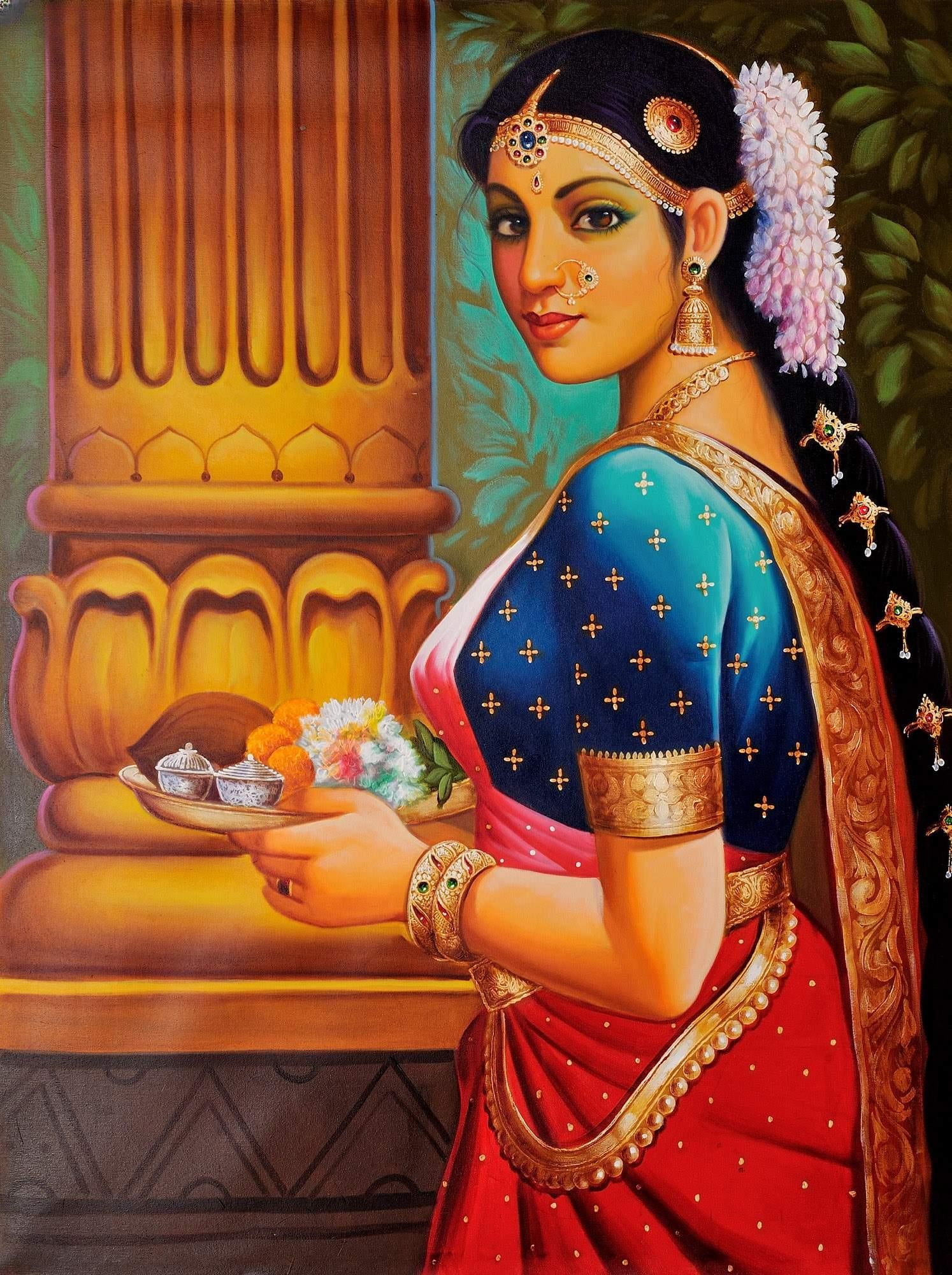 Large-Eyed Woman With Pooja Thali: Title: Large-Eyed Woman With Pooja Thali Description: Oil Paintings Reserve: $702.90 Shipping: Domestic: Shipping rates are determined by destination to anywhere within the contiguous U.S.