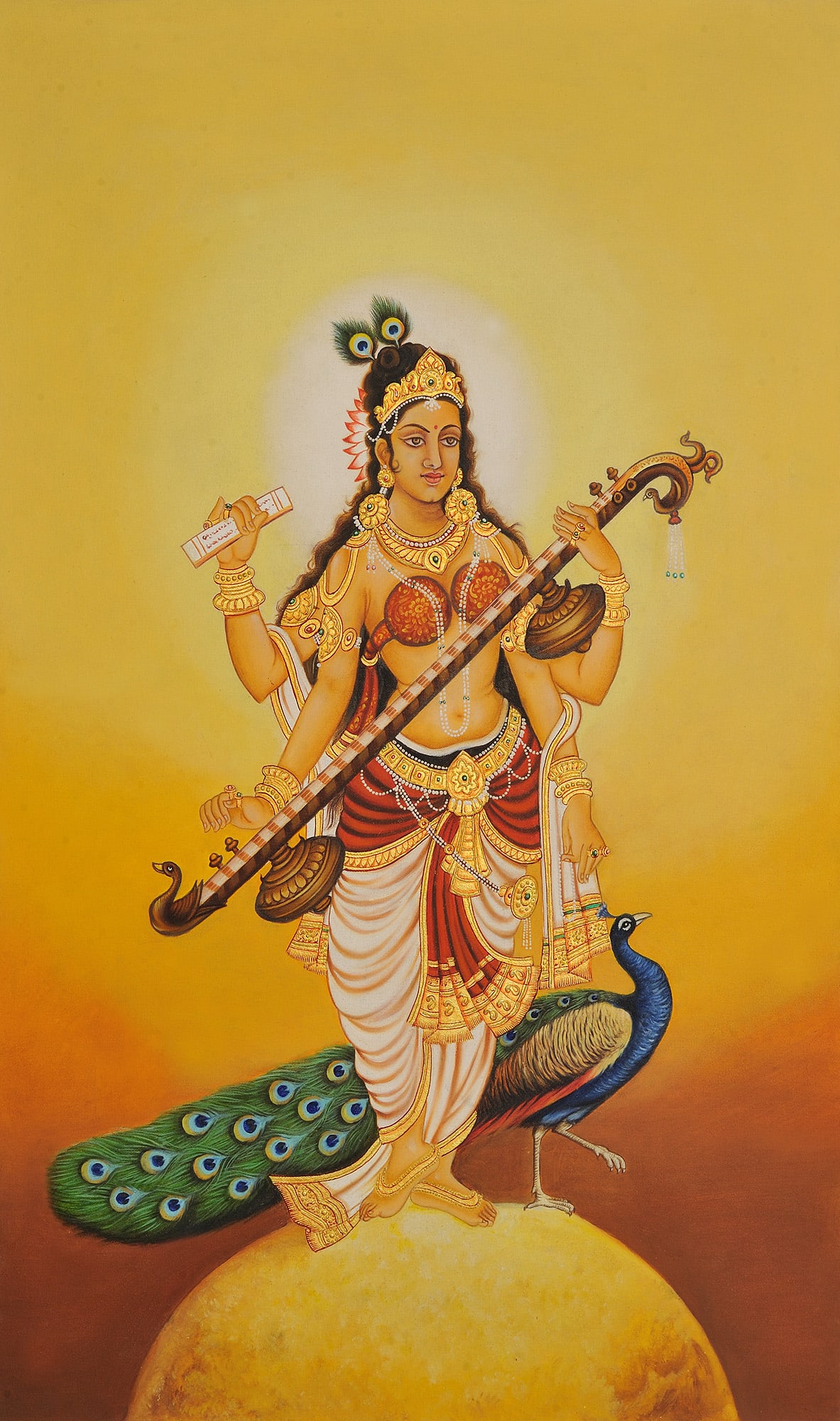Goddess Saraswati Attracted by the Cosmic Rays of Sun: Title: Goddess Saraswati Attracted by the Cosmic Rays of Sun Description: Oil Paintings Reserve: $349.20 Shipping: Domestic: Shipping rates are determined by destination to anywhere within the