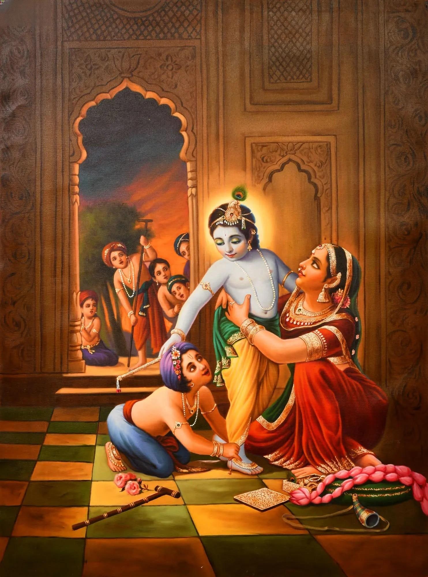 Shringara of Baby Krishna | Oil Painting on Canvas: Title: Shringara of Baby Krishna | Oil Painting on Canvas Description: Krishna Painting Reserve: $1,142.10 Shipping: Domestic: Shipping rates are determined by destination to anywhere within the