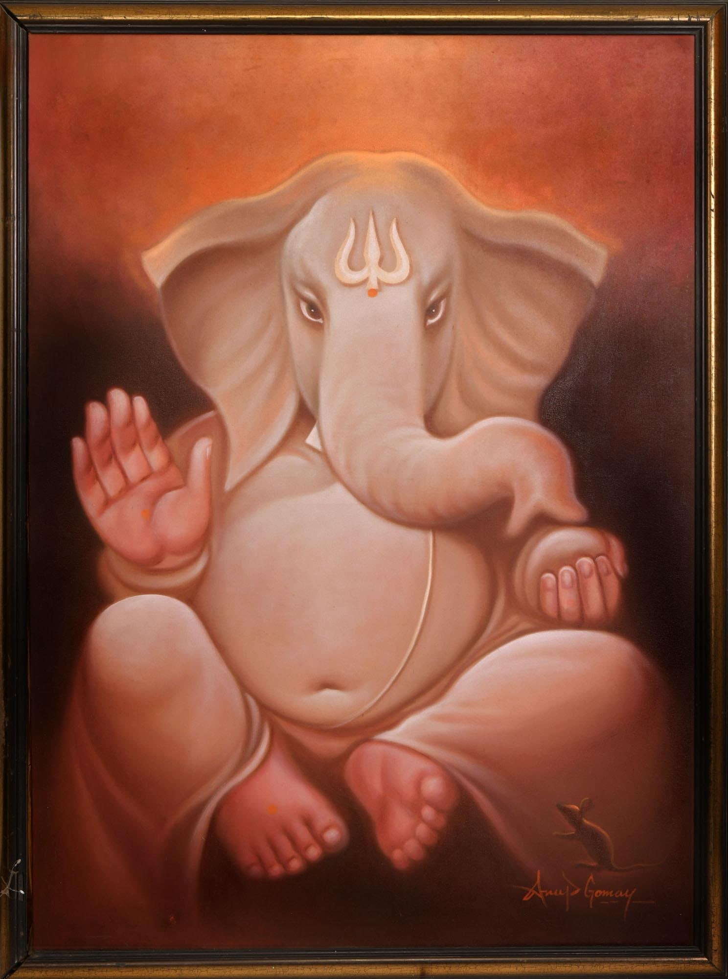 Lord Ganesha's Unstructured Halo (Framed): Title: Lord Ganesha's Unstructured Halo (Framed) Description: Oil Paintings Reserve: $821.70 Shipping: Domestic: Shipping rates are determined by destination to anywhere within the contiguous U.S. Int
