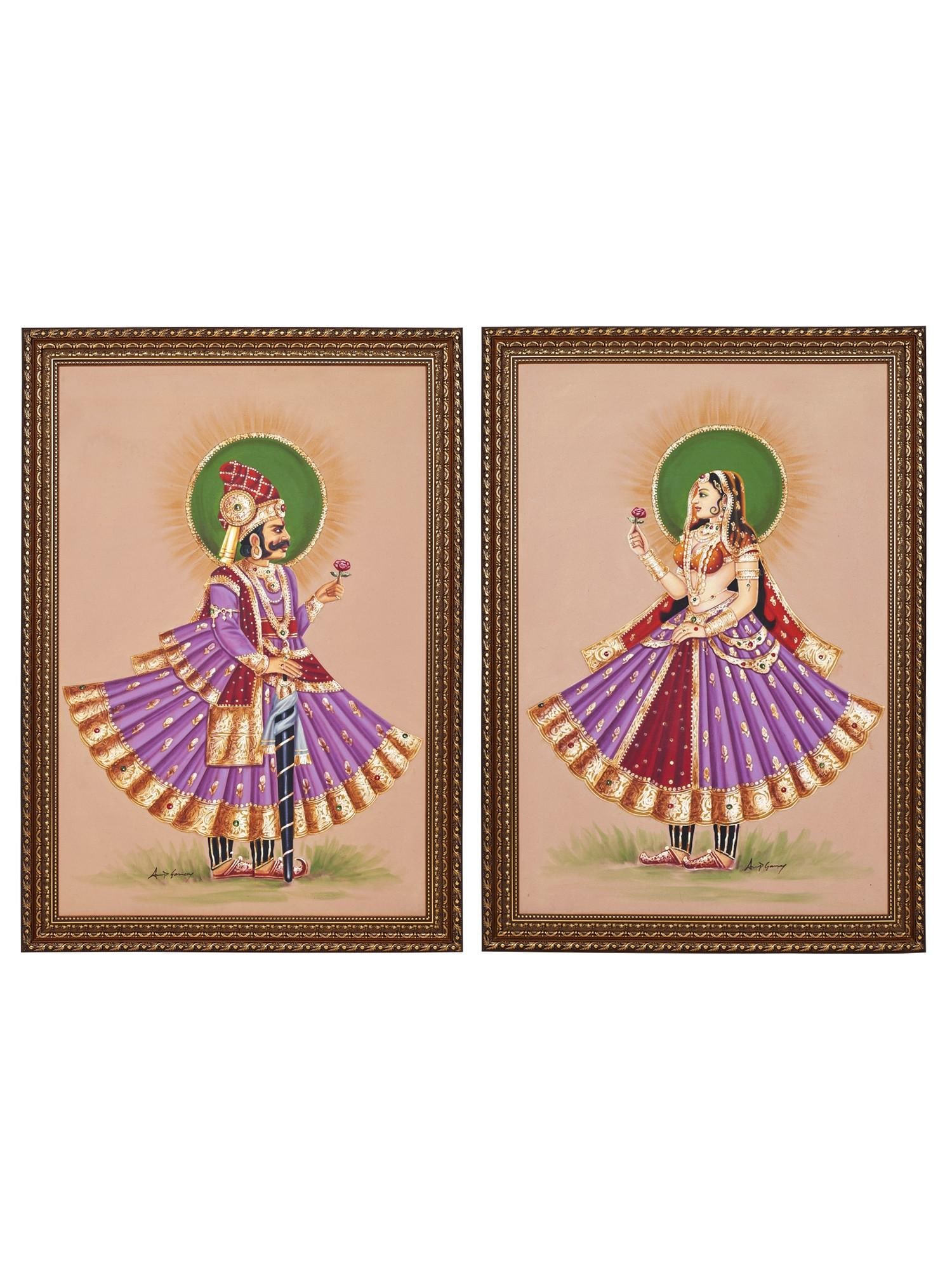 Royal Pair of Raja Rani | Unframed Oil Paintings on Canvas: Title: Royal Pair of Raja Rani | Unframed Oil Paintings on Canvas Description: Oil Paintings Reserve: $782.10 Shipping: Domestic: Shipping rates are determined by destination to anywhere within the co
