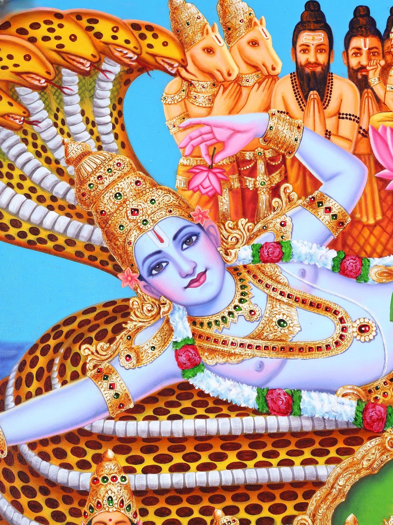 Sheshashayi Lord Vishnu Worshipped by Gods | Oil on Canvas Painting - 2