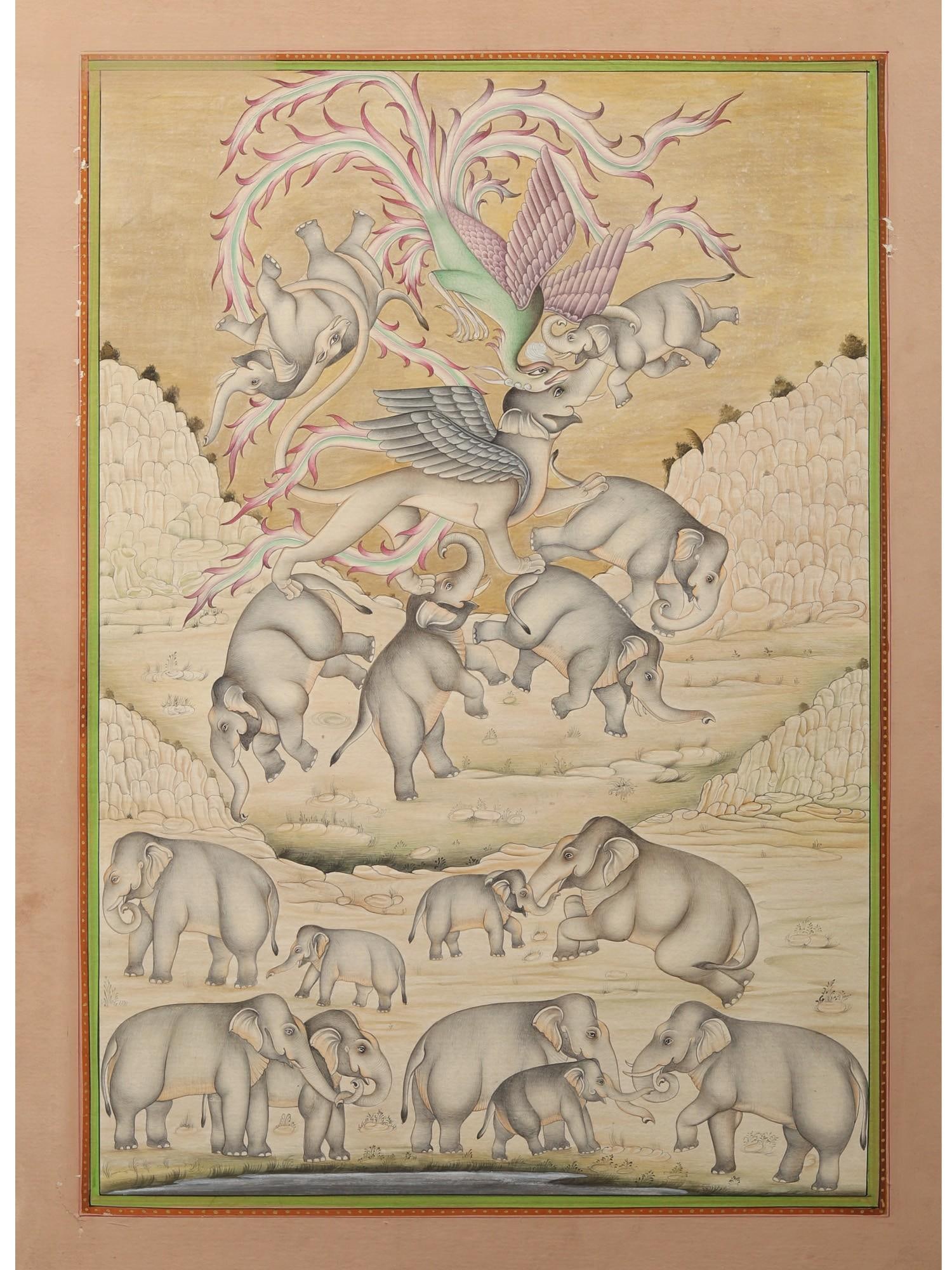 Mythical Beast with A Herd of Elephants: Title: Mythical Beast with A Herd of Elephants Description: Mughal Painting Reserve: $1,119.60 Shipping: Domestic: Shipping rates are determined by destination to anywhere within the contiguous U.S. I