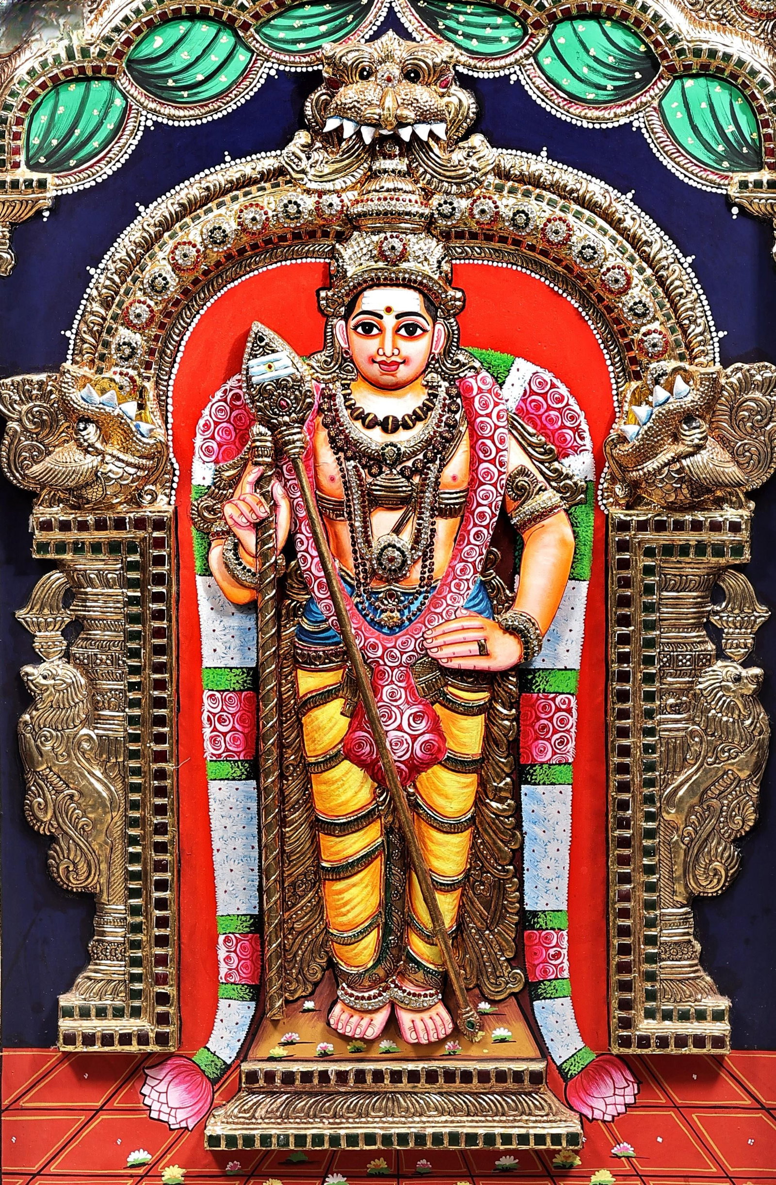 Kumara Karttikeya (Murugan) Tanjore Painting | Traditional Colors with 24K Gold | Teakwood Frame | - 2