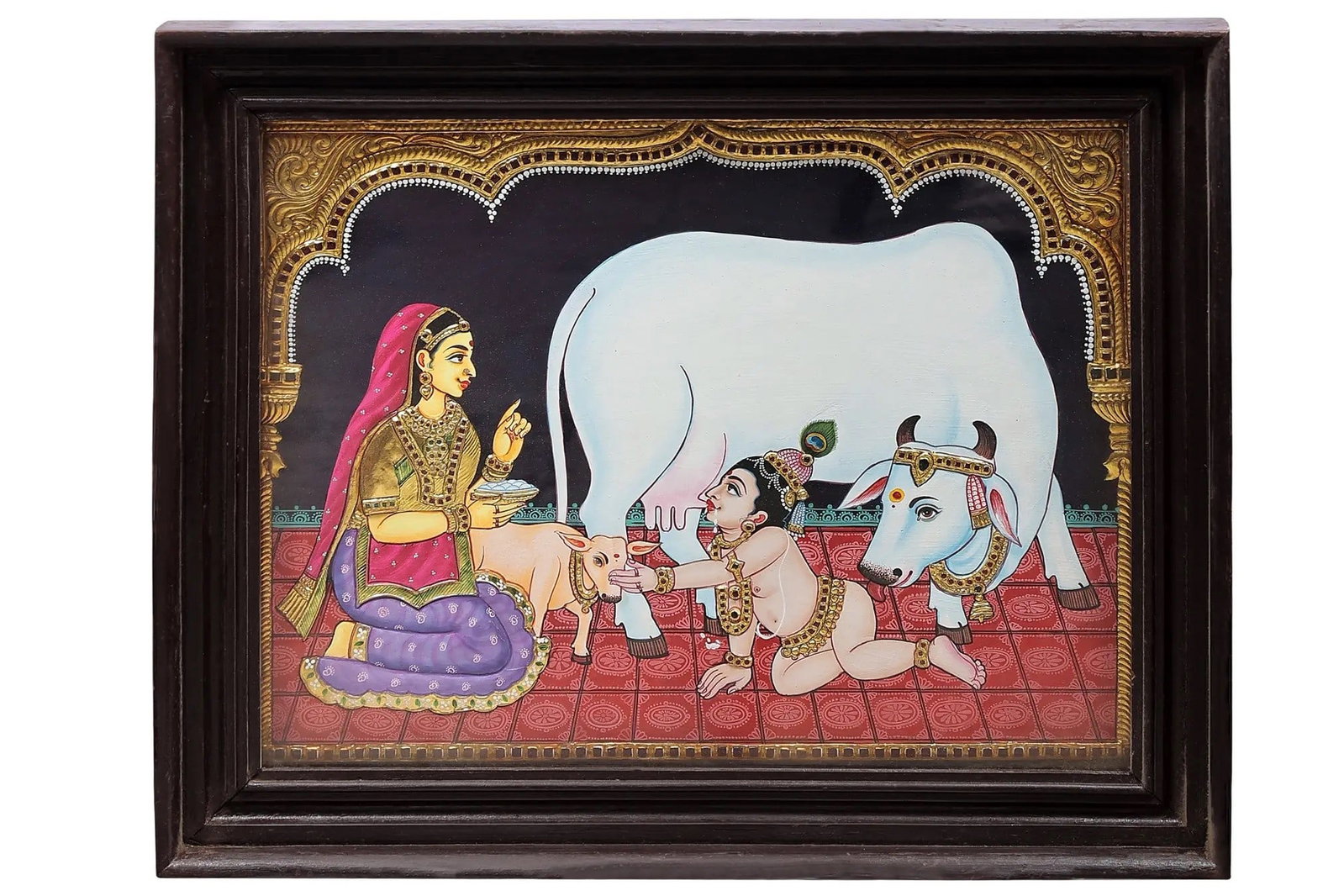 Butter Krishna and Yashoda With Cow Tanjore Painting | Traditional Colors With 24K Gold | Teakwood: Title: Butter Krishna and Yashoda With Cow Tanjore Painting | Traditional Colors With 24K Gold | Teakwood Frame | Gold & Wood | Handmade | Made In India Description: Tanjore (Thanjavur) Painting