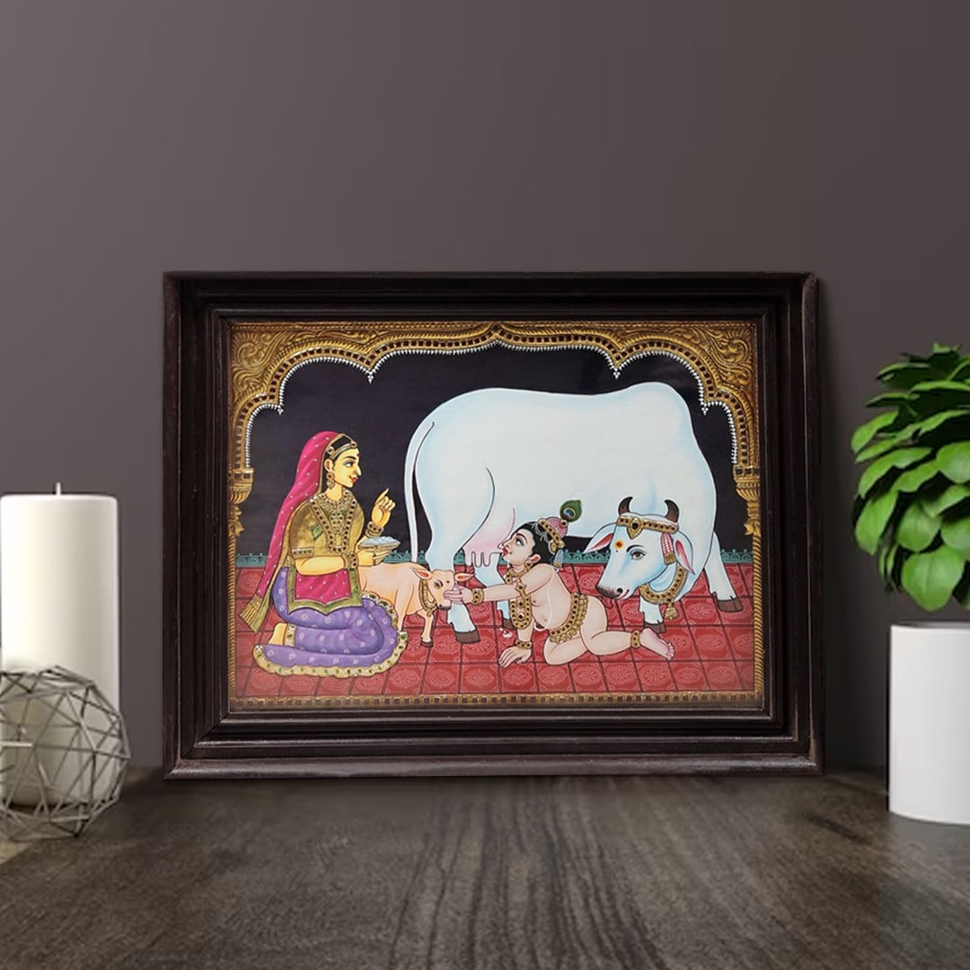 Butter Krishna and Yashoda With Cow Tanjore Painting | Traditional Colors With 24K Gold | Teakwood - 2