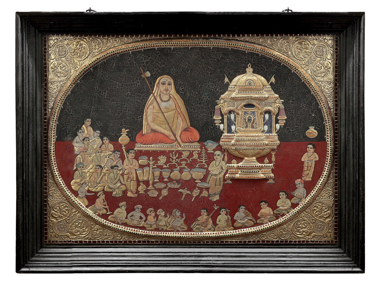 Samsthana Puja of Chandramouleswara by Adi Shankaracharya | Tanjore Painting made with Traditional: Title: Samsthana Puja of Chandramouleswara by Adi Shankaracharya | Tanjore Painting made with Traditional Colors and 24K Gold | Teakwood Frame Description: Tanjore (Thanjavur) Painting Reserve: $4,477