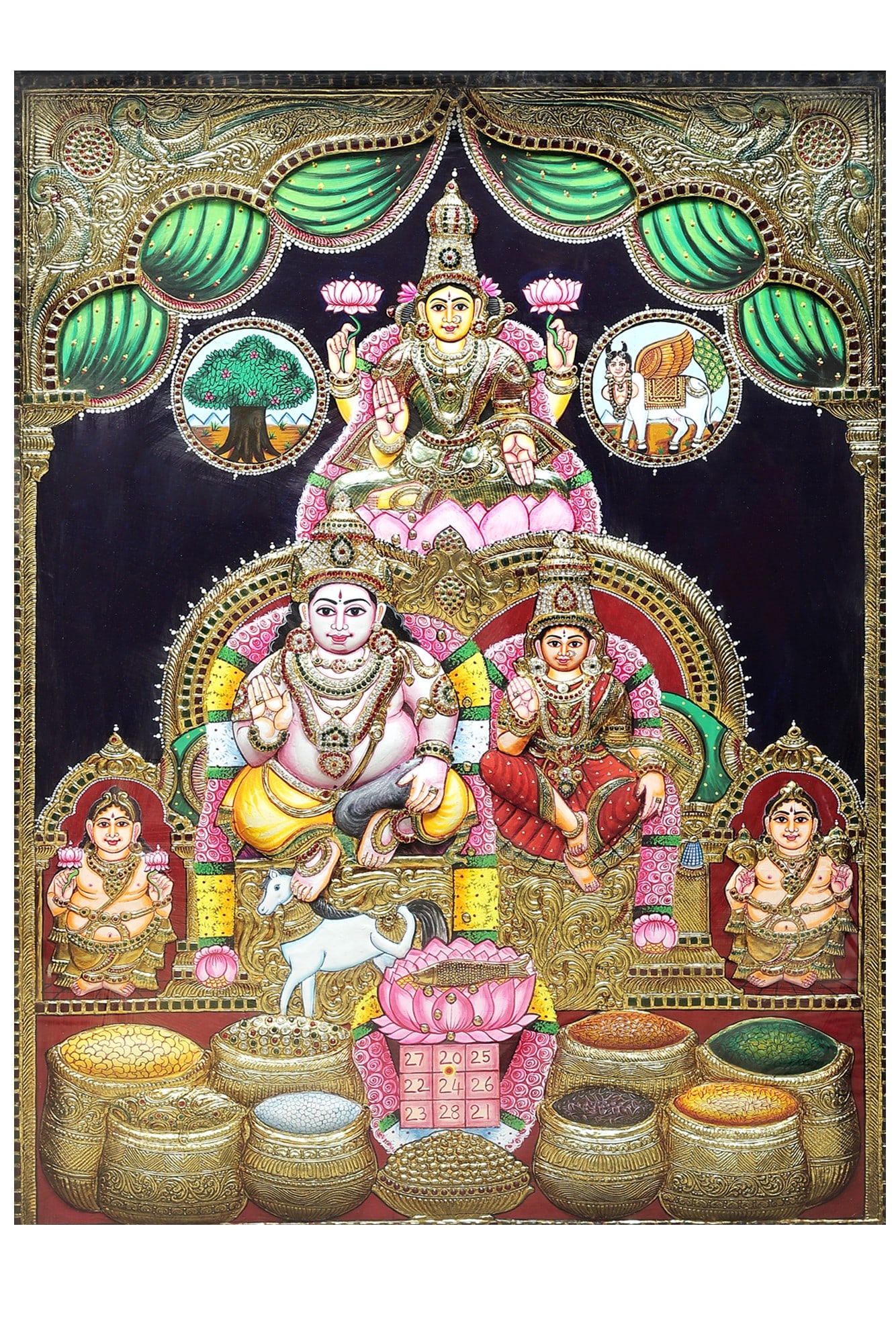 Kubera and Lakshmi Tanjore Painting | Traditional Colors With 24K Gold | Teakwood Frame | Gold & - 2