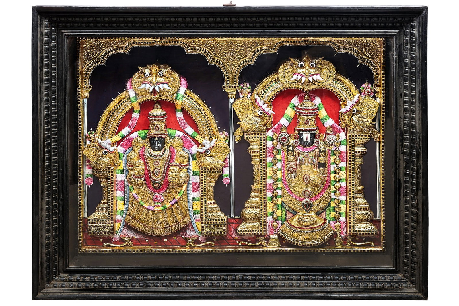 Lord Venkateswara as Balaji At Tirupati With Goddess Lakshmi Tanjore Painting | Traditional Colors: Title: Lord Venkateswara as Balaji At Tirupati With Goddess Lakshmi Tanjore Painting | Traditional Colors With 24K Gold | Teakwood Frame | Gold & Wood | Handmade | Made In India Description: Tanjore (