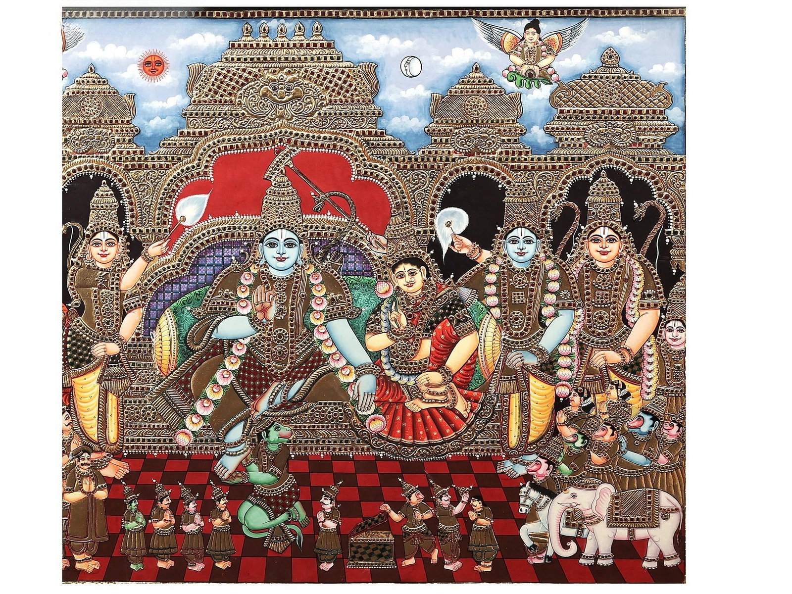 Rama Darbar Tanjore Painting | Traditional Colors With 24K Gold | Teakwood Frame | Handmade - 2