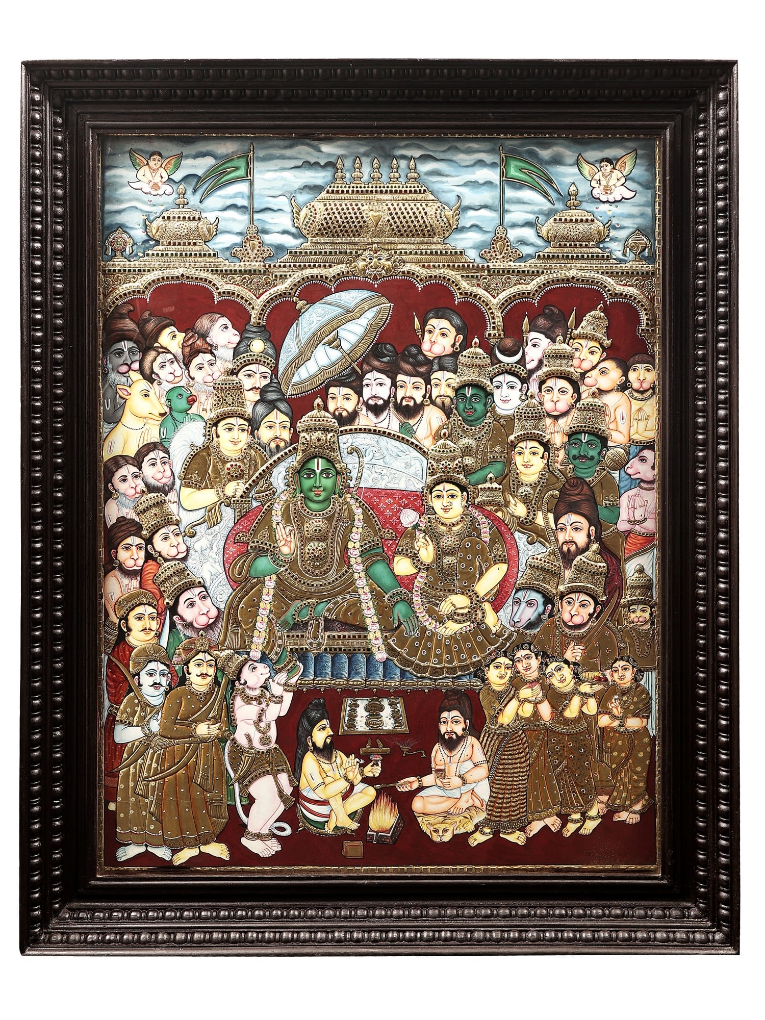 Rama Darbar Tanjore Painting | Traditional Colors With 24K Gold | Teakwood Frame | Gold & Wood |: Title: Rama Darbar Tanjore Painting | Traditional Colors With 24K Gold | Teakwood Frame | Gold & Wood | Handmade | Made In India Description: Tanjore (Thanjavur) Painting Reserve: $5,417.10 Shipping: 