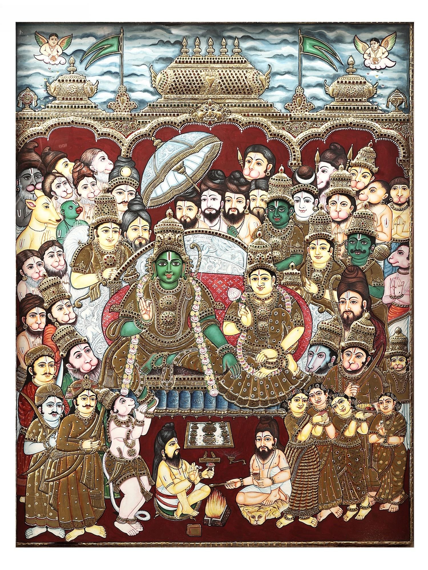 Rama Darbar Tanjore Painting | Traditional Colors With 24K Gold | Teakwood Frame | Gold & Wood | - 2